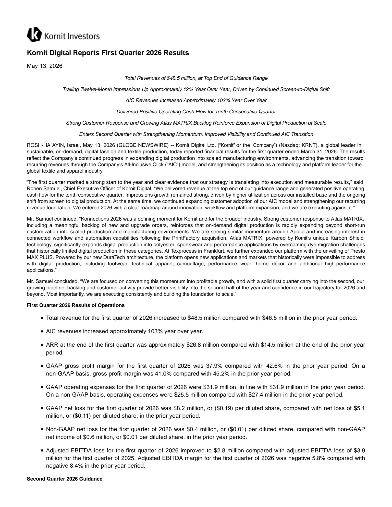 Kornit Digital's Q1 2026 Press Release