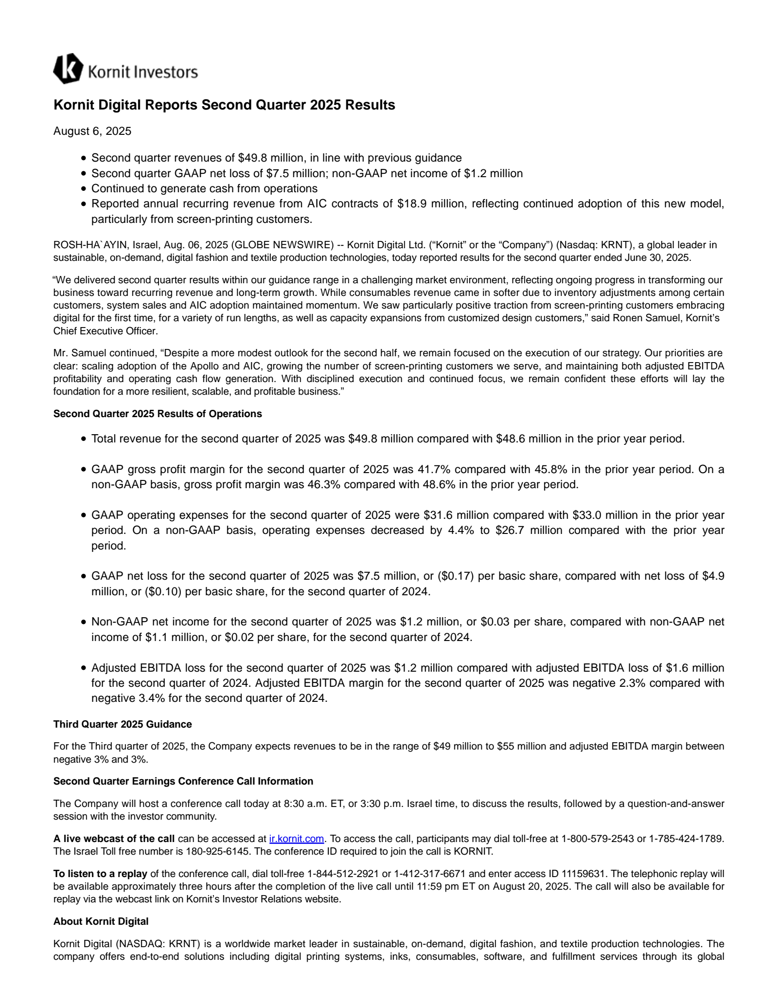 Kornit Digital's Q2 2025 Press Release