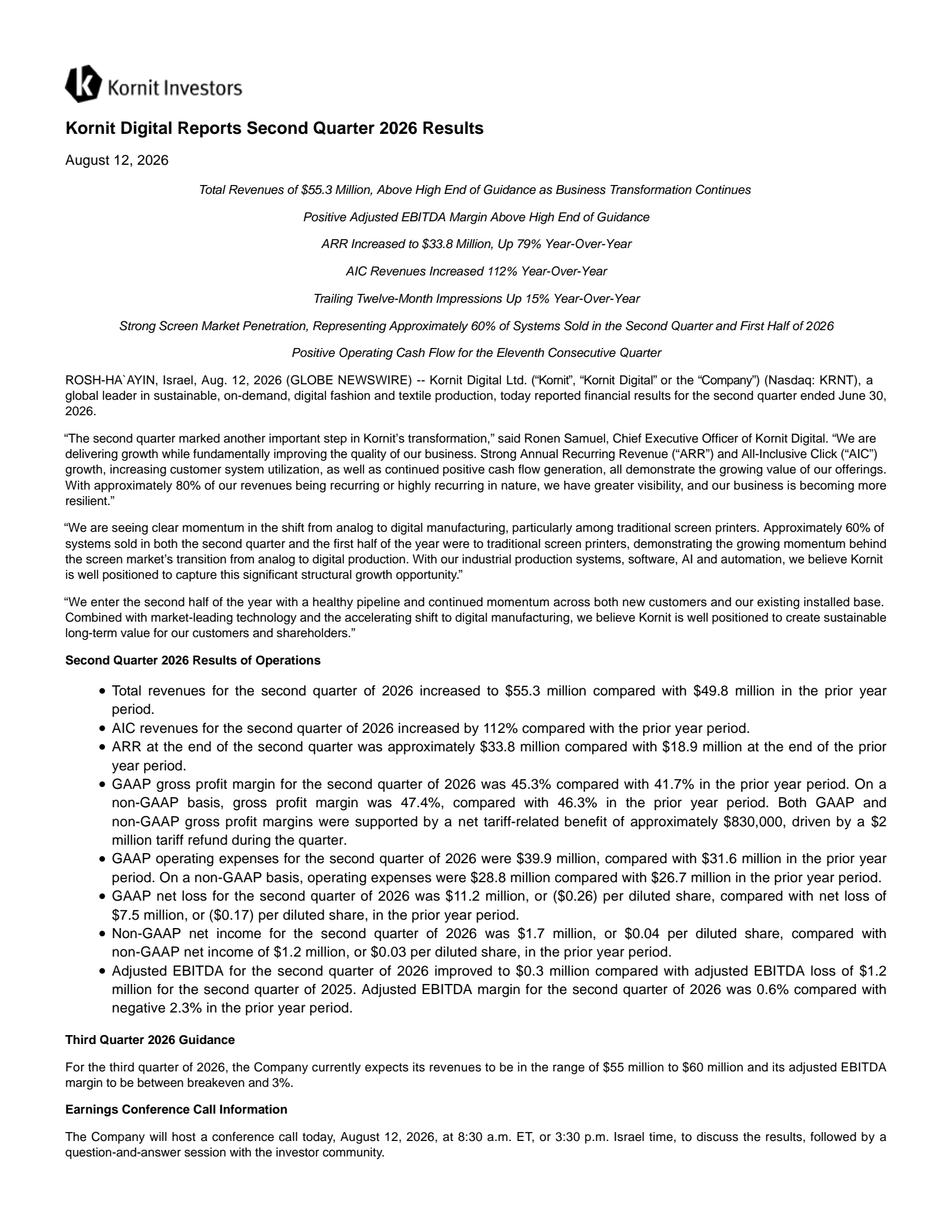 Kornit Digital's Q2 2026 Press Release