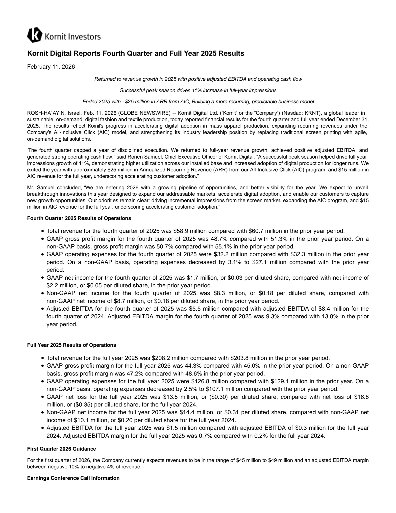 Kornit Digital's Q4 2025 Press Release