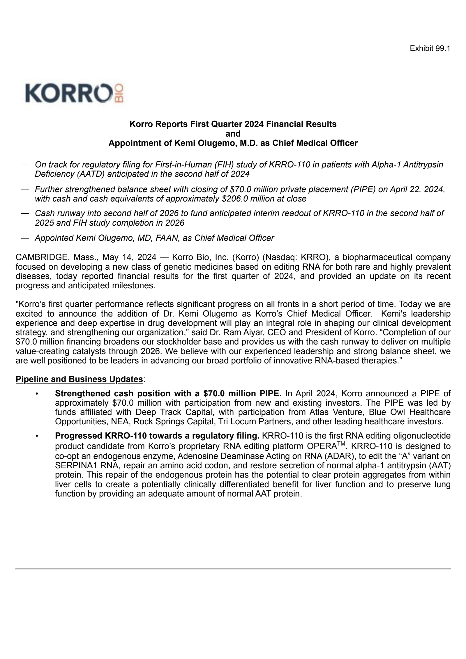 Korro Bio's Q1 2024 Press Release