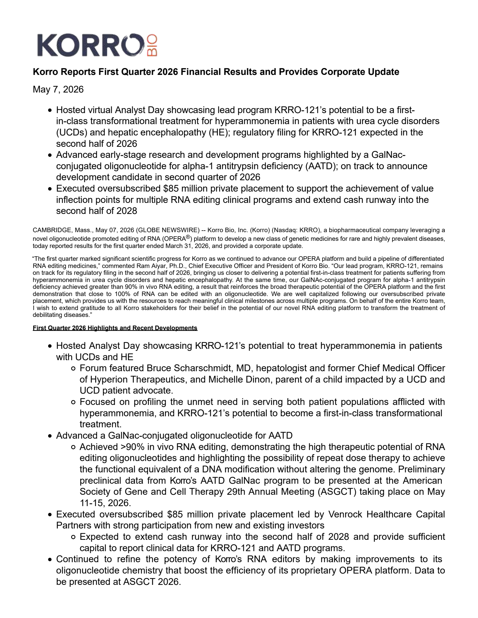 Korro Bio's Q1 2026 Press Release