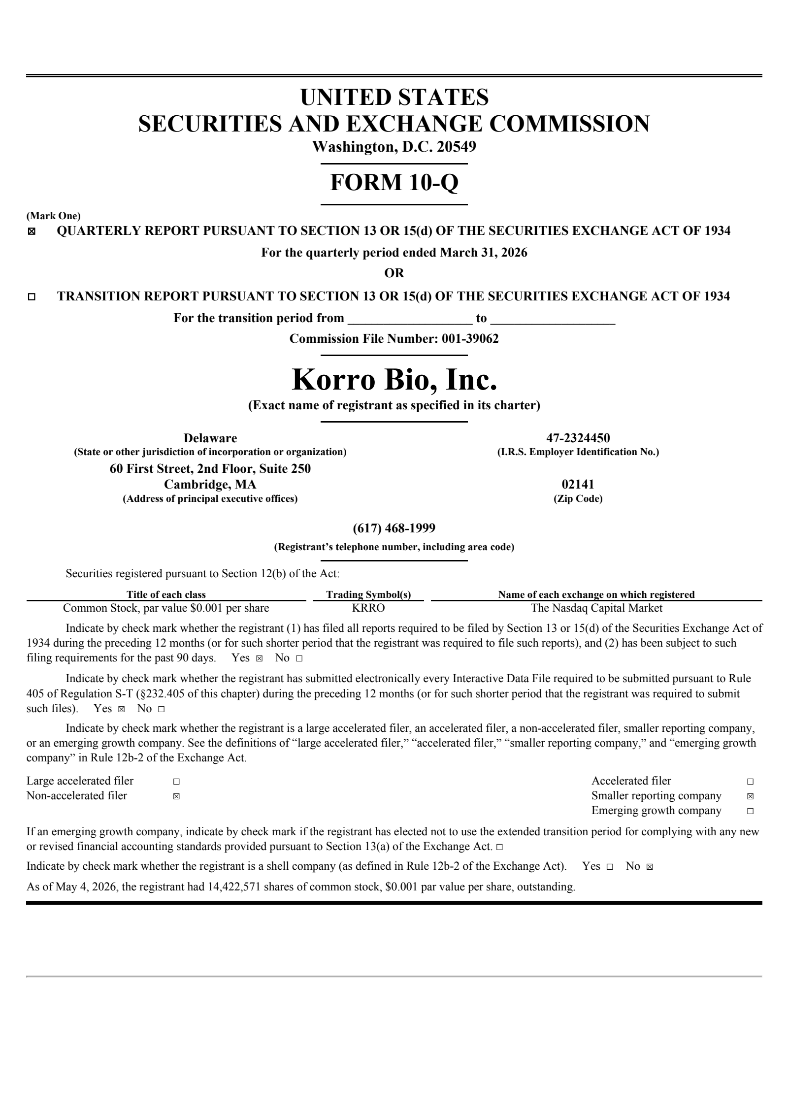 Korro Bio's Q1 2026 Quarterly report