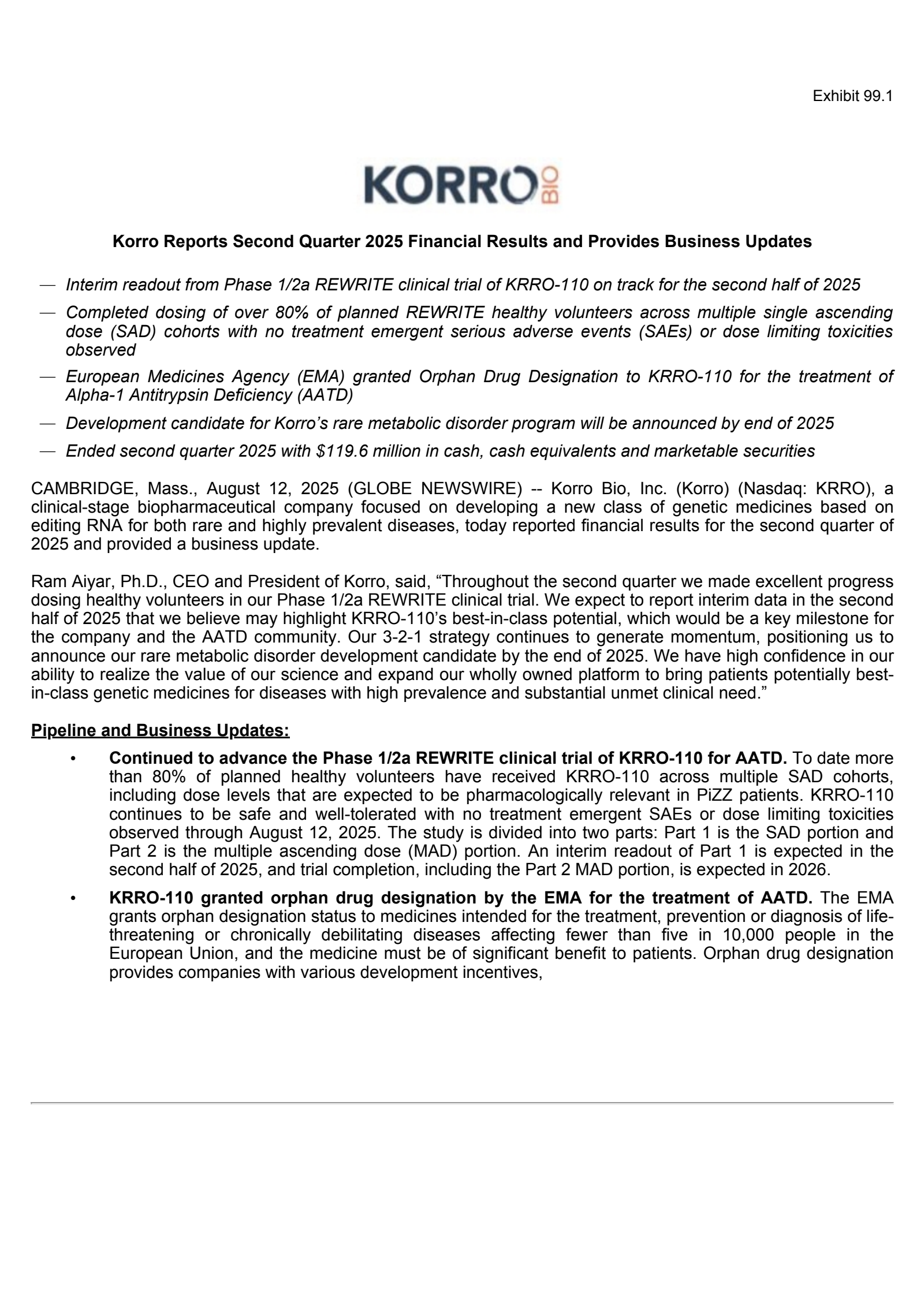 Korro Bio's Q2 2025 Press Release