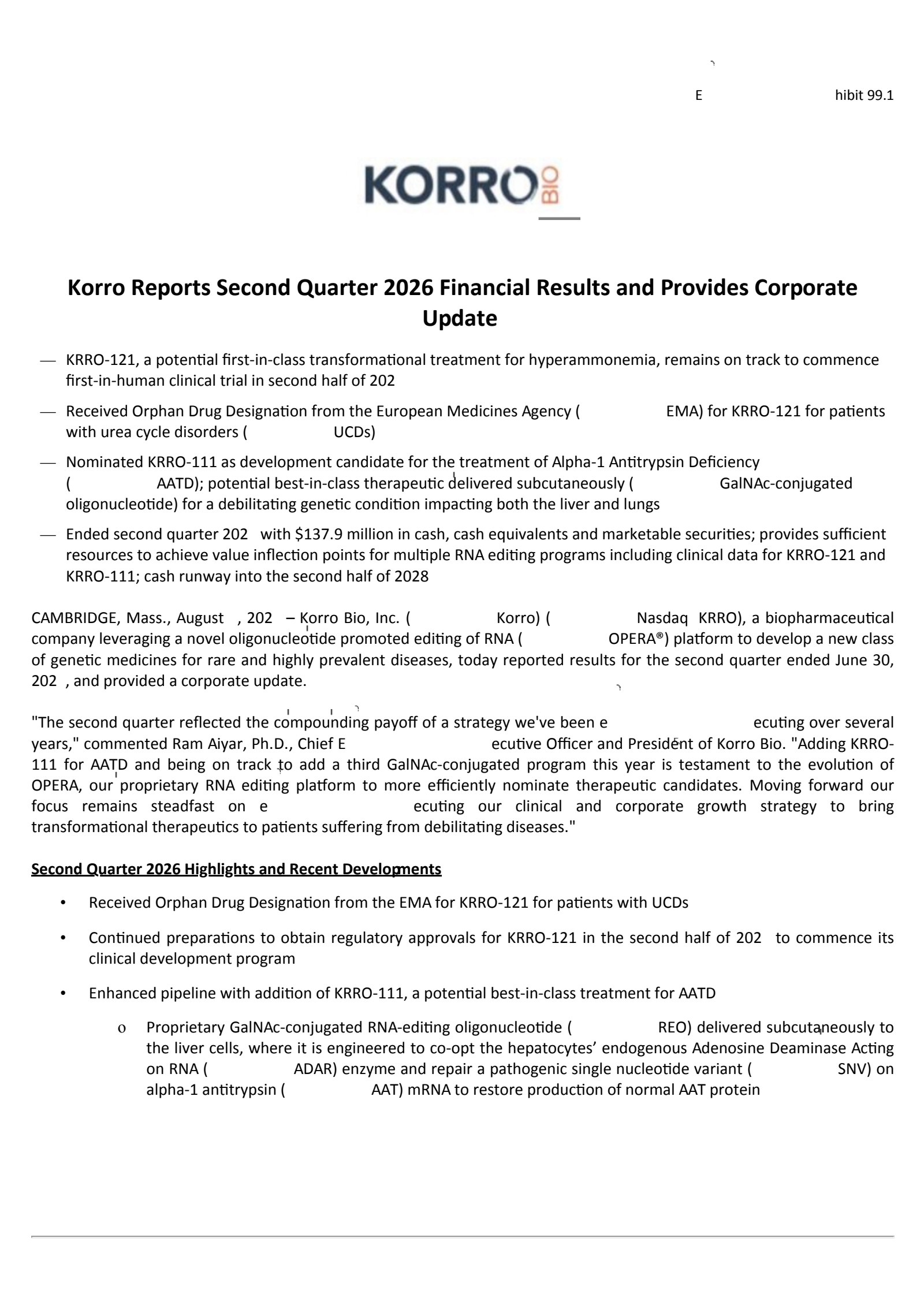 Korro Bio's Q2 2026 Press Release