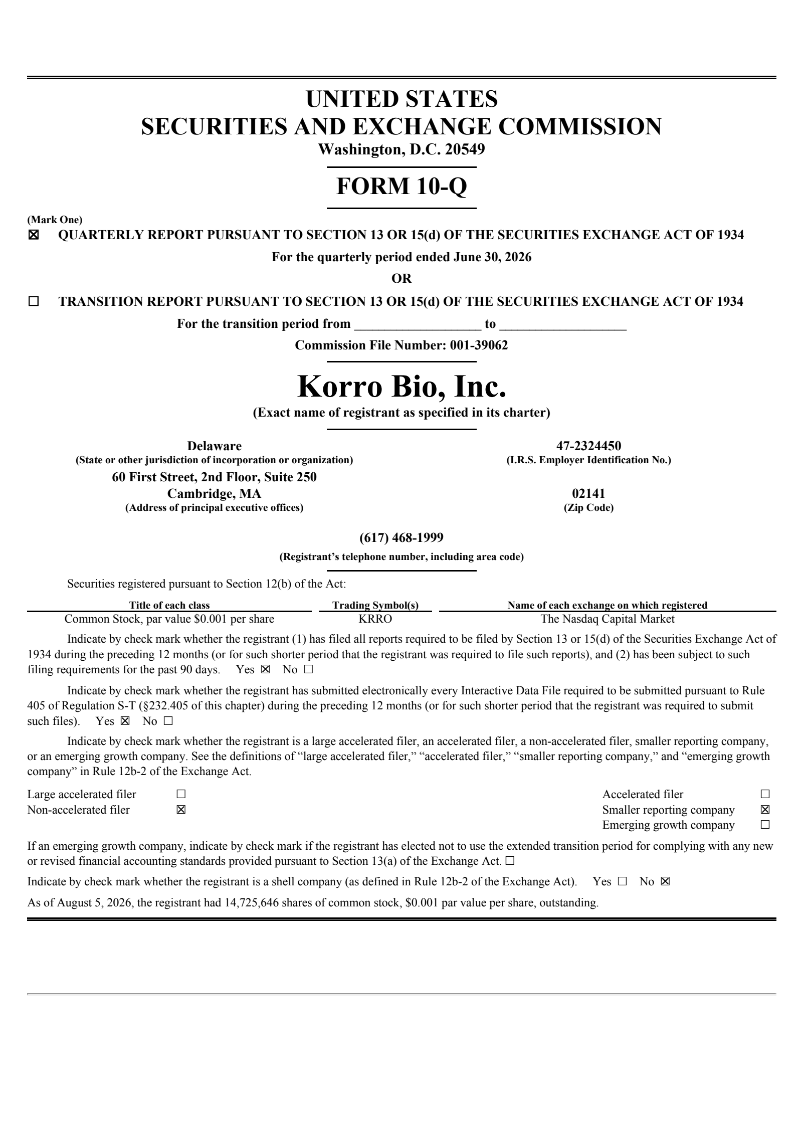 Korro Bio's Q2 2026 Quarterly report
