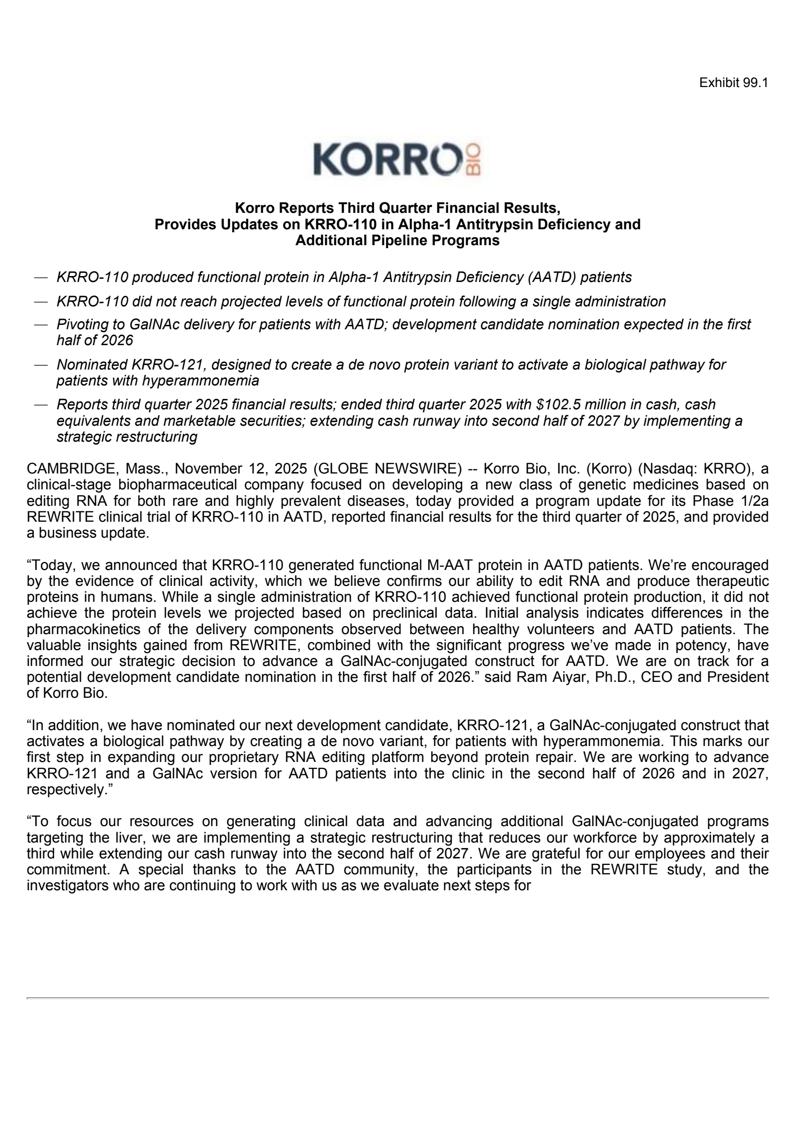 Korro Bio's Q3 2025 Earnings Release
