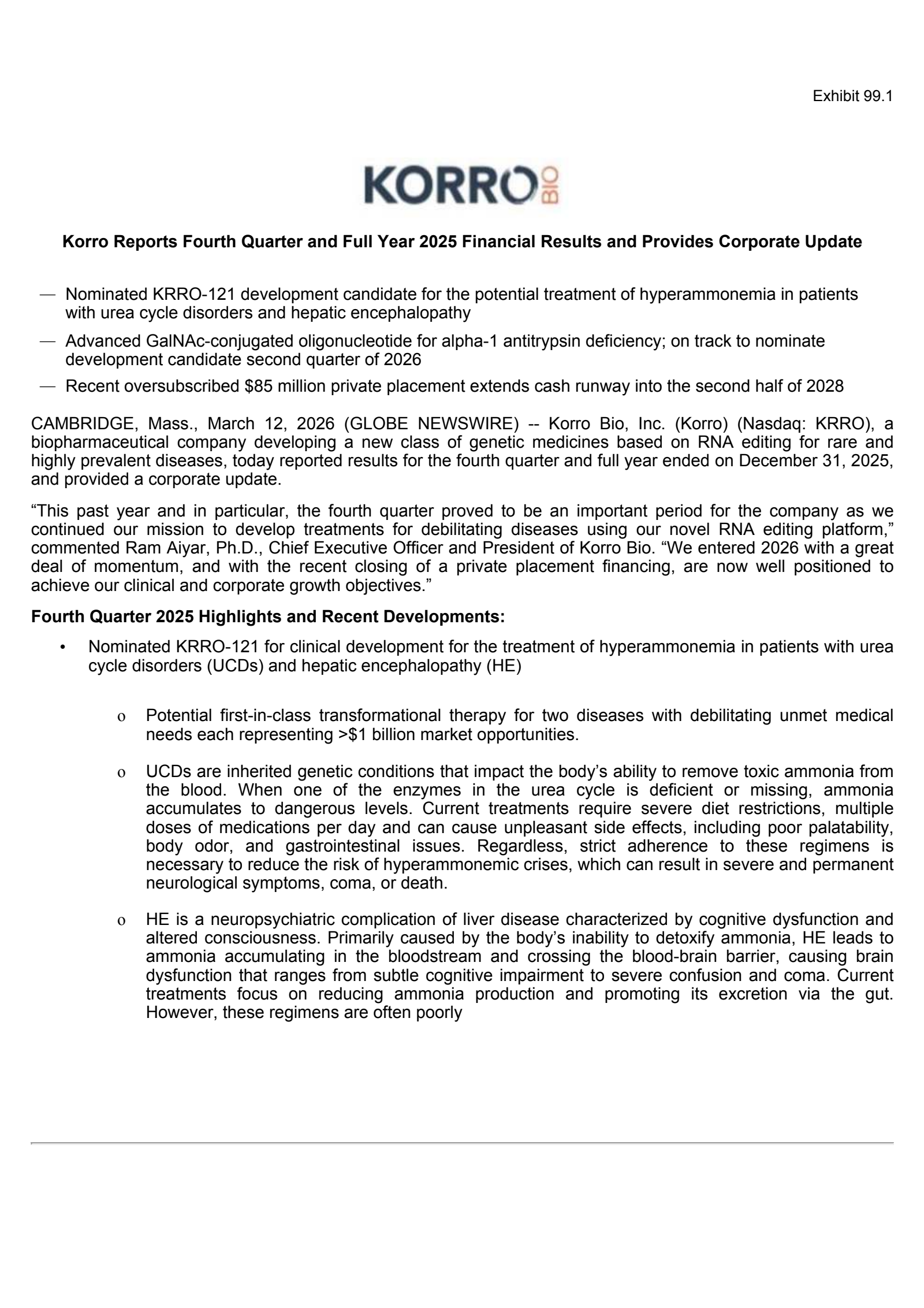Korro Bio's Q4 2025 Press Release