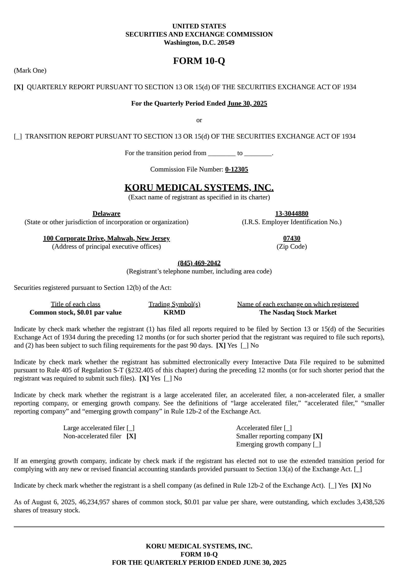 KORU Medical Systems' Q2 2025 Quarterly report
