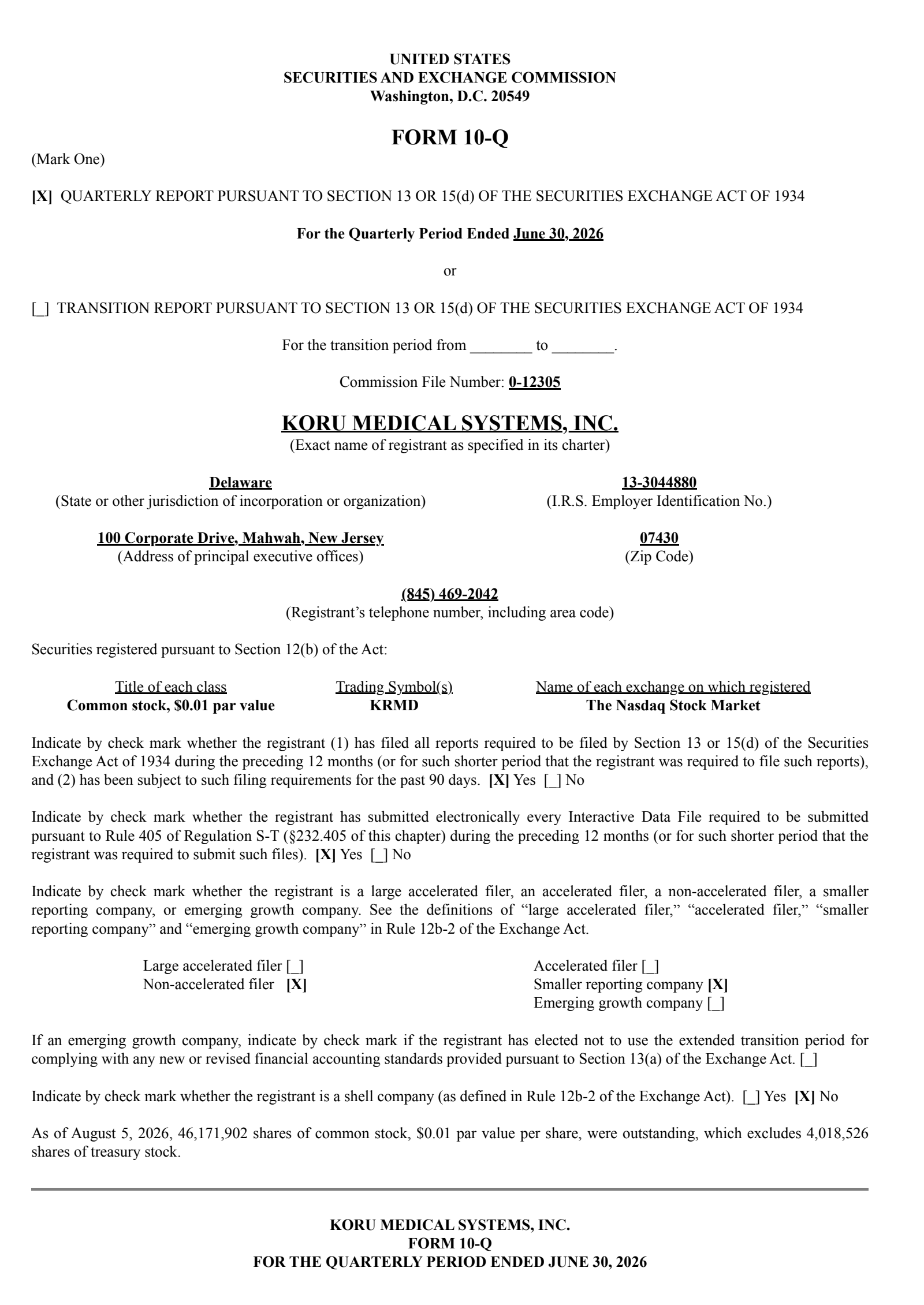 KORU Medical Systems' Q2 2026 Quarterly report