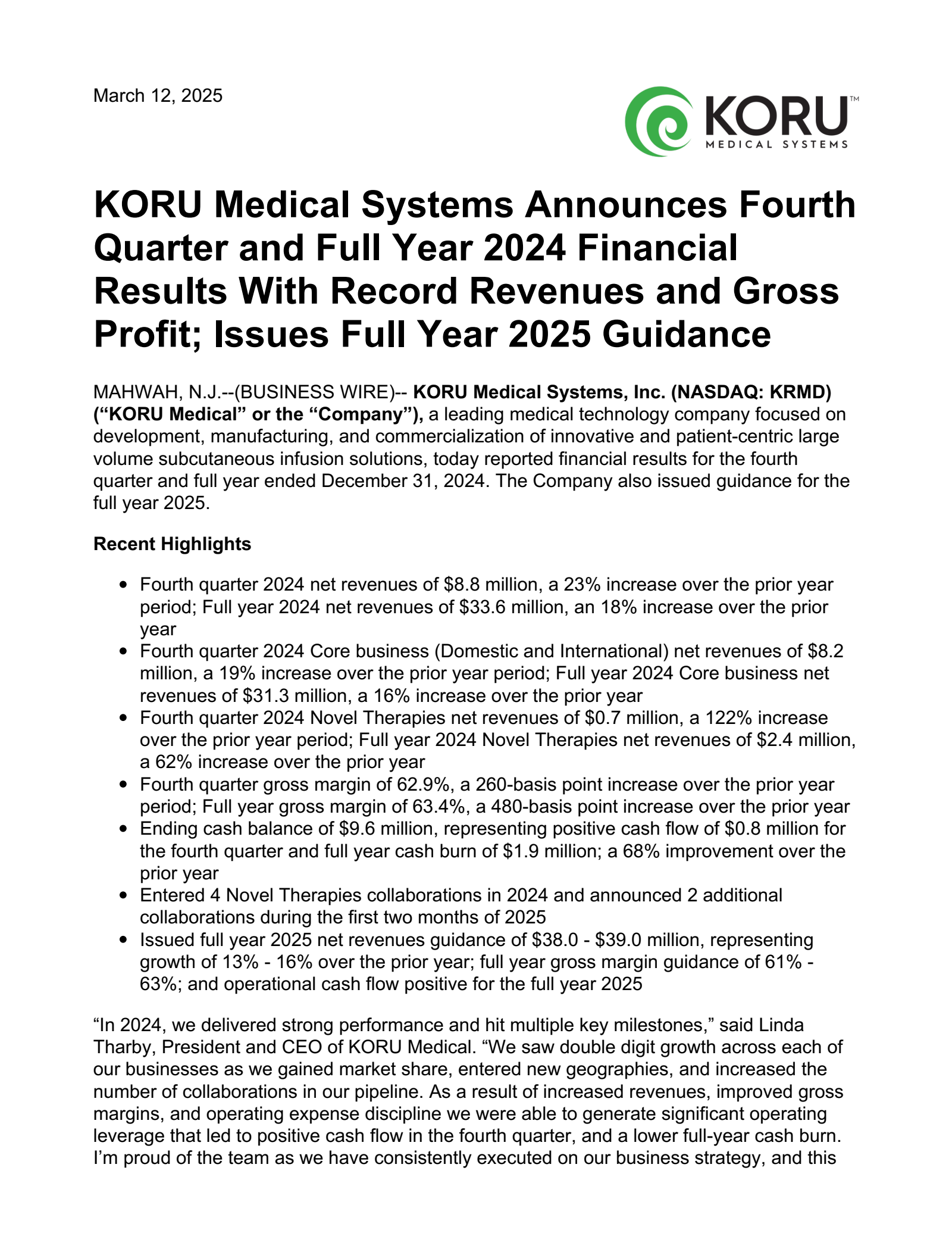 KORU Medical Systems' Q4 2024 Press Release