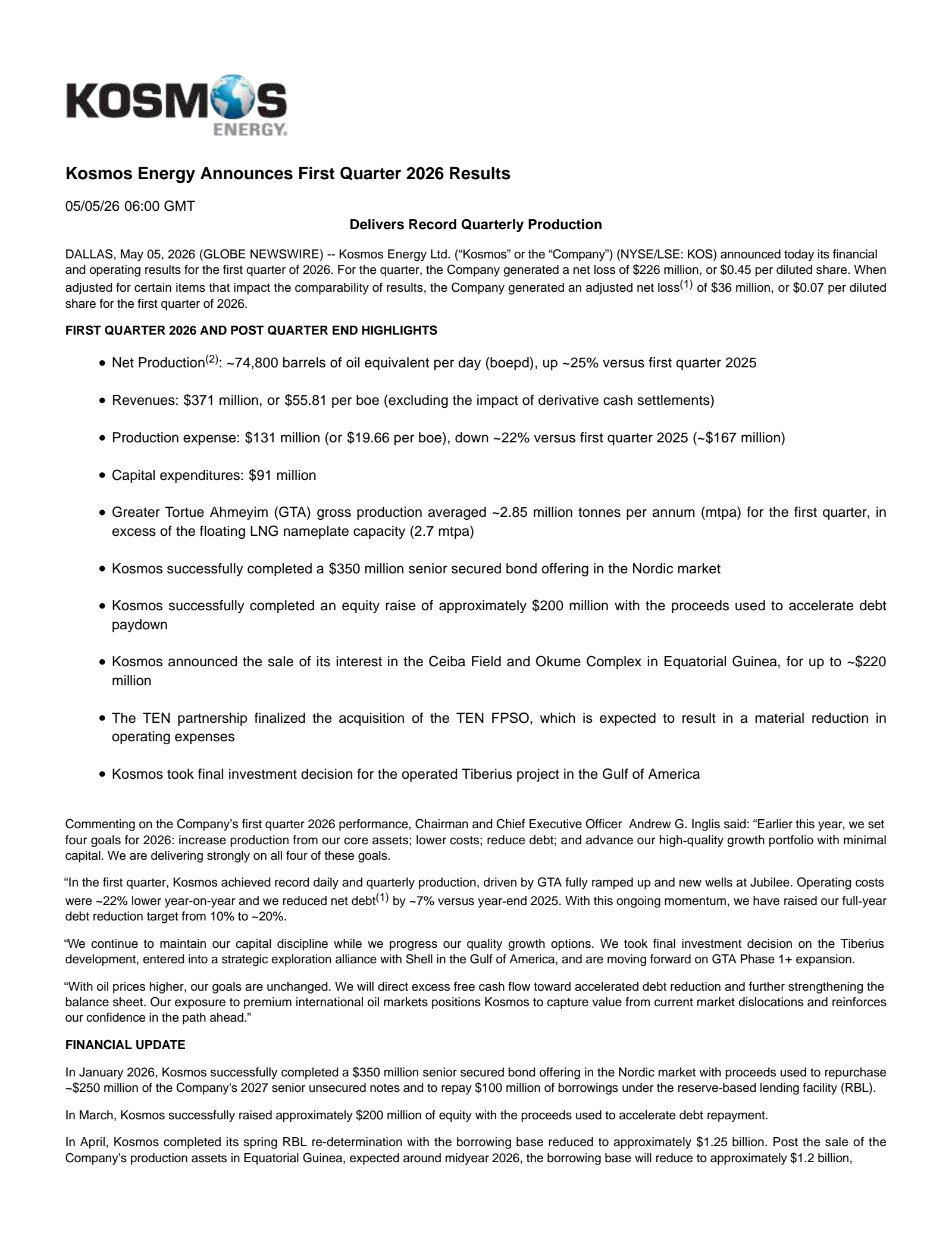 Kosmos Energy's Q1 2026 Press Release