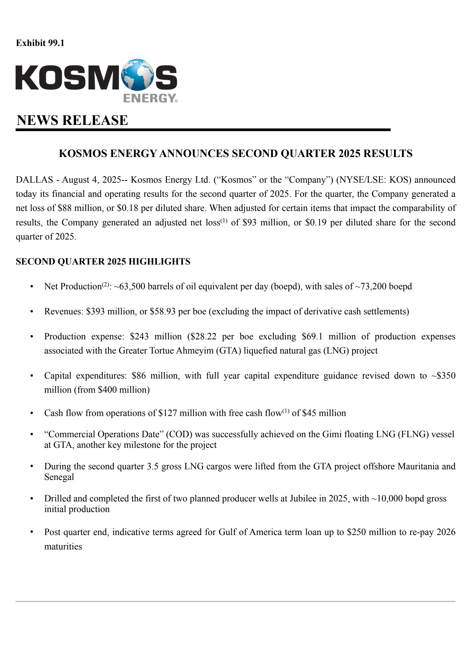 Kosmos Energy's Q2 2025 Press Release
