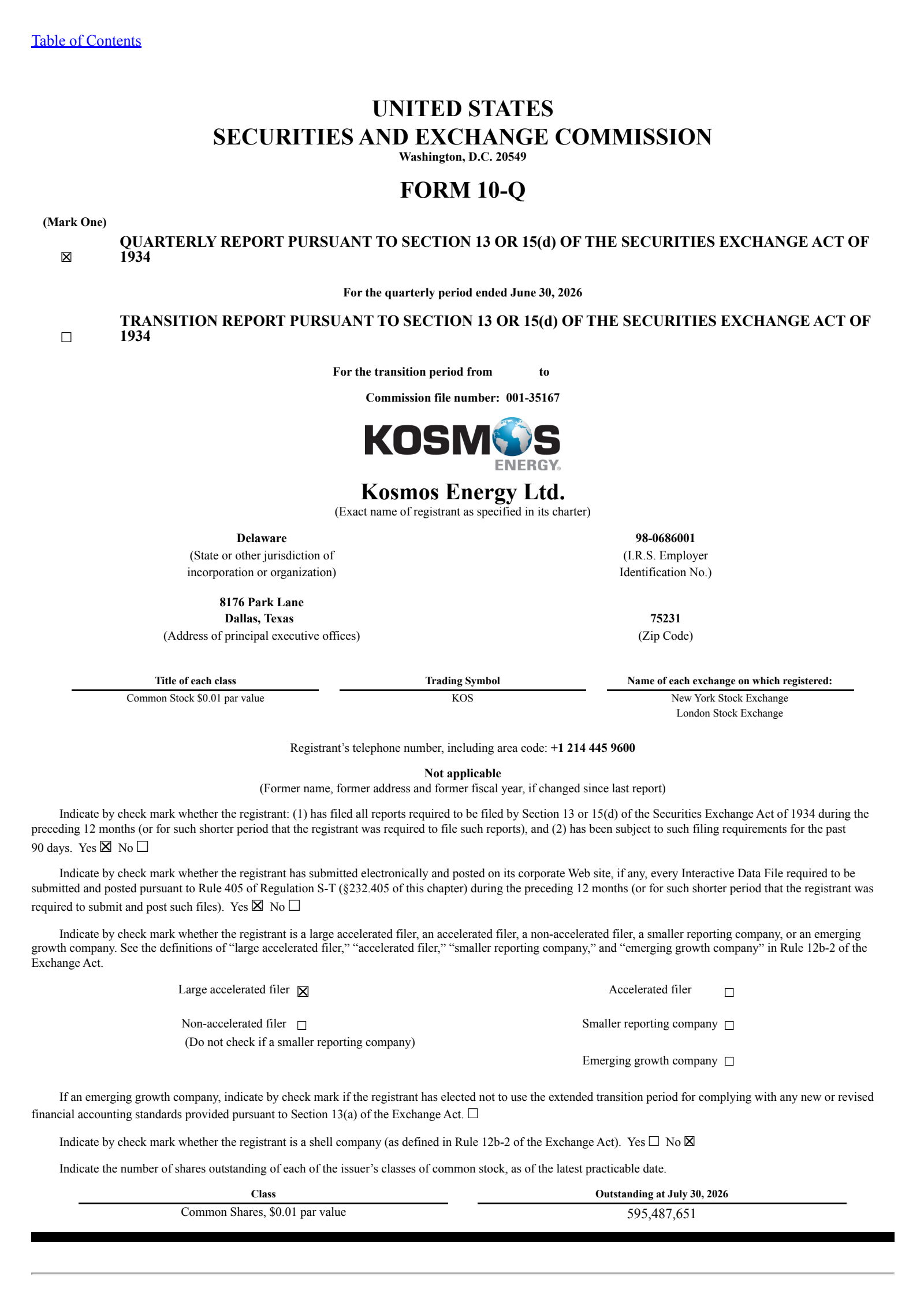 Kosmos Energy's Q2 2026 Quarterly report