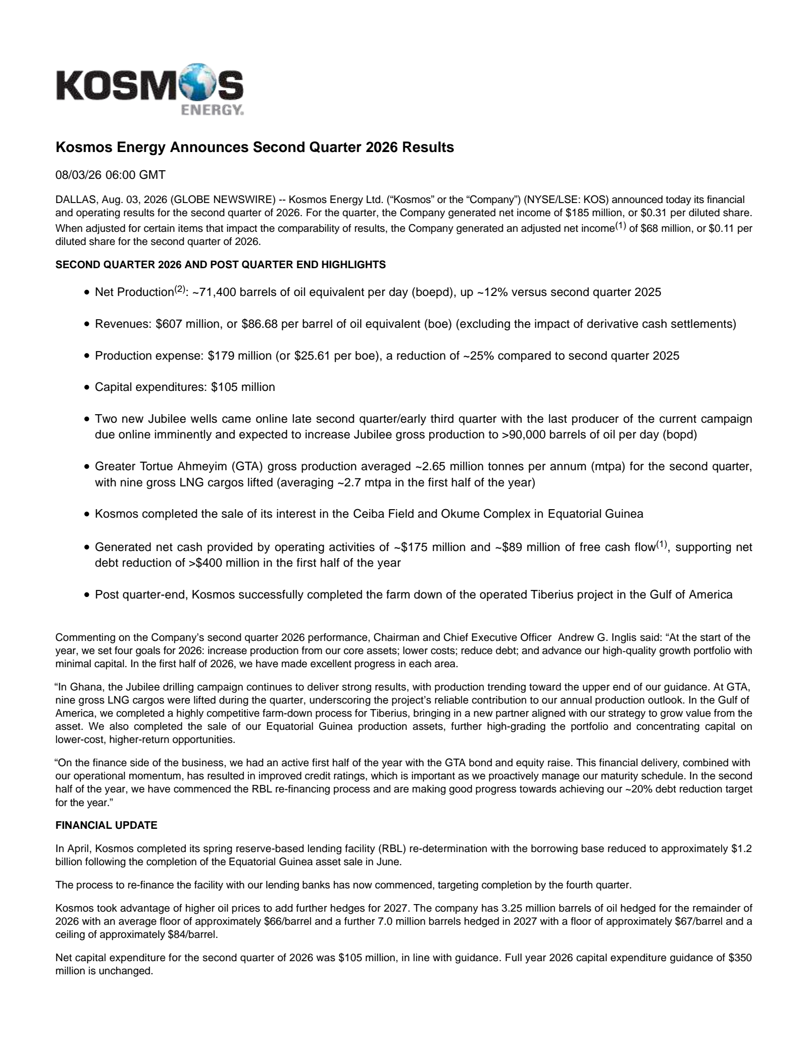Kosmos Energy's Q2 2026 Press Release
