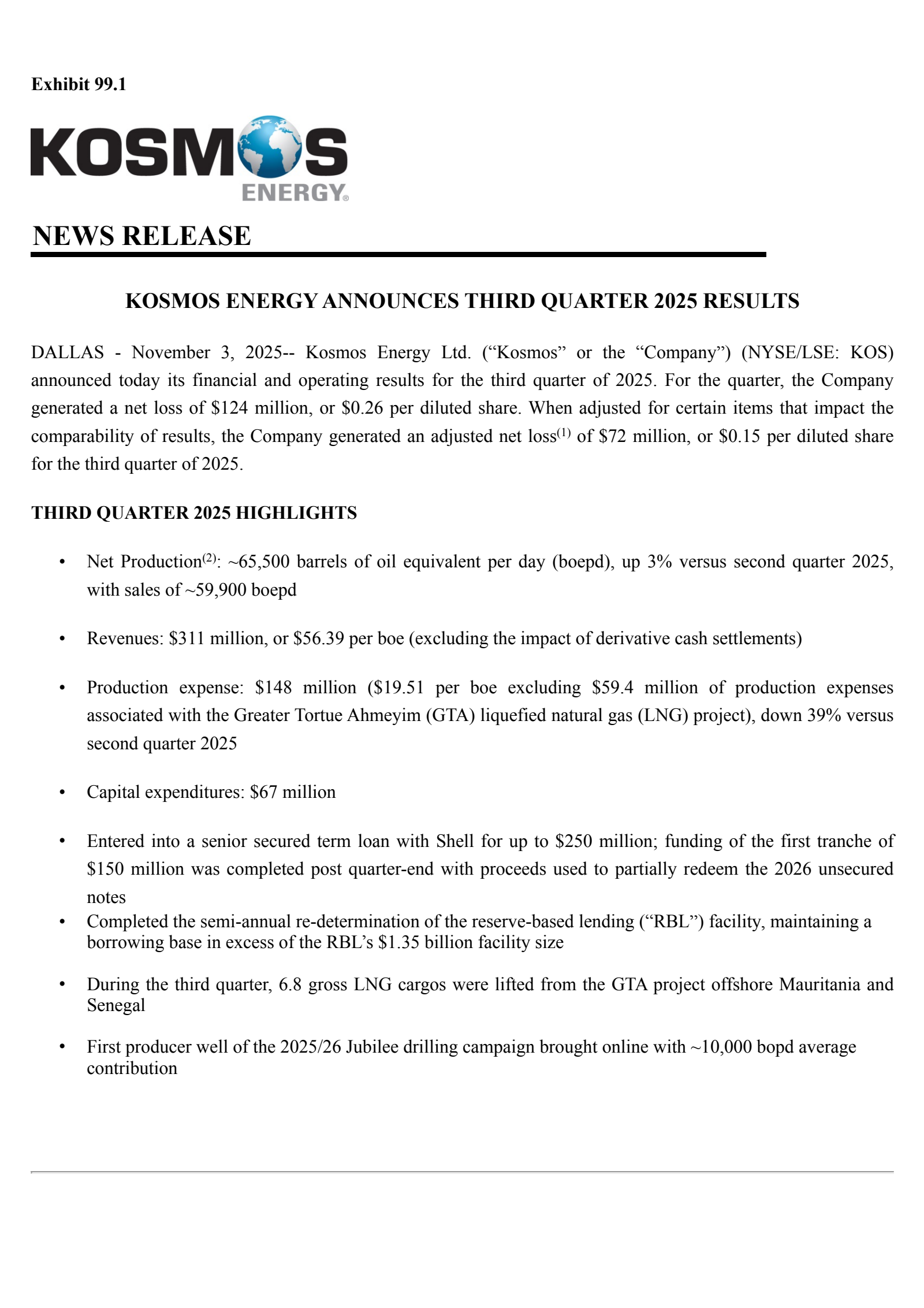 Kosmos Energy's Q3 2025 Earnings Release