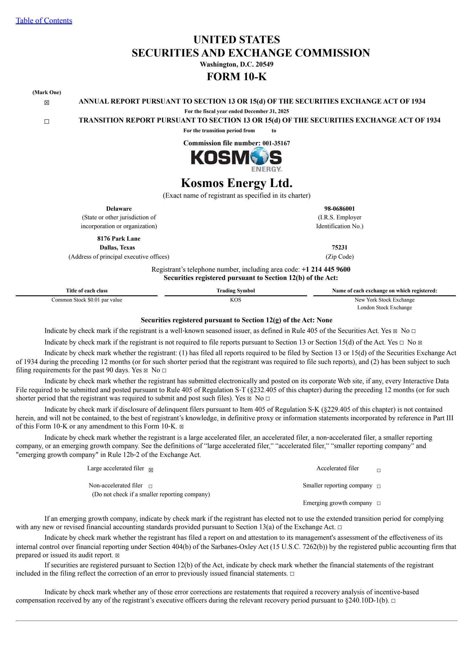 Kosmos Energy's Q4 2025 Annual report