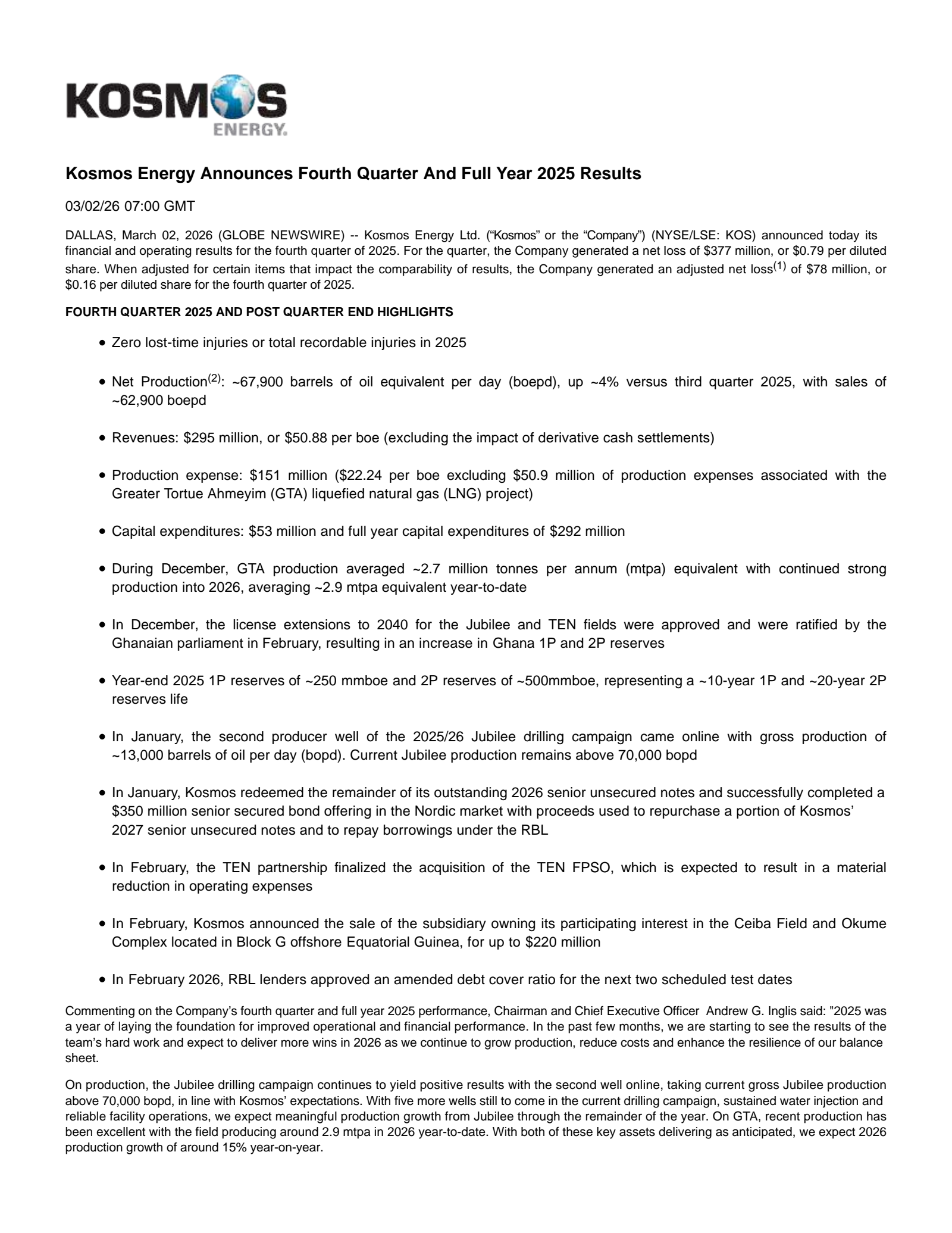 Kosmos Energy's Q4 2025 Press Release