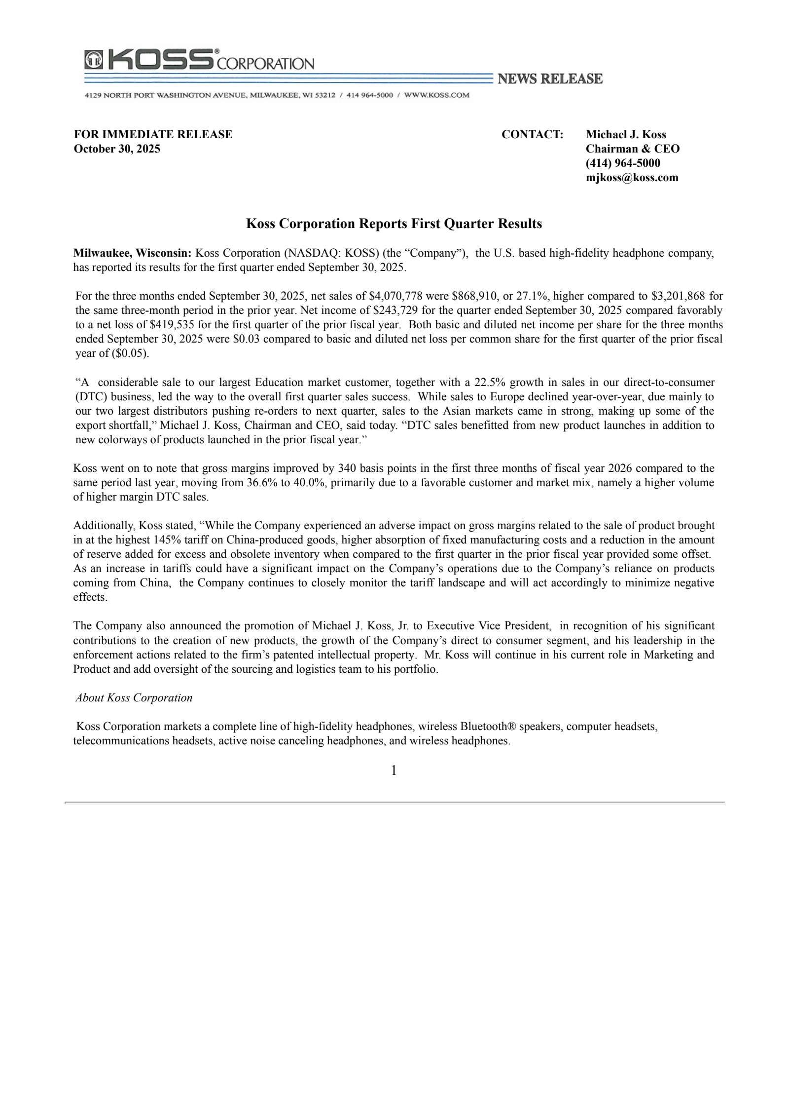 Koss' Q1 2026 Earnings Release