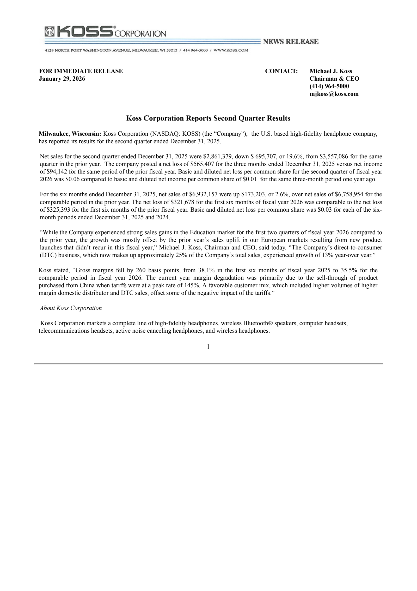 Koss' Q2 2026 Press Release
