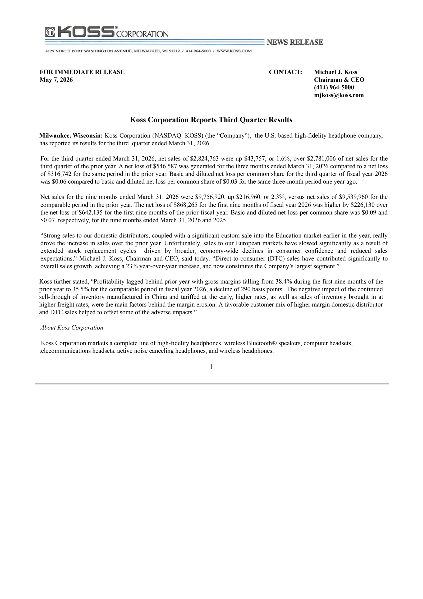 Koss' Q3 2026 Press Release