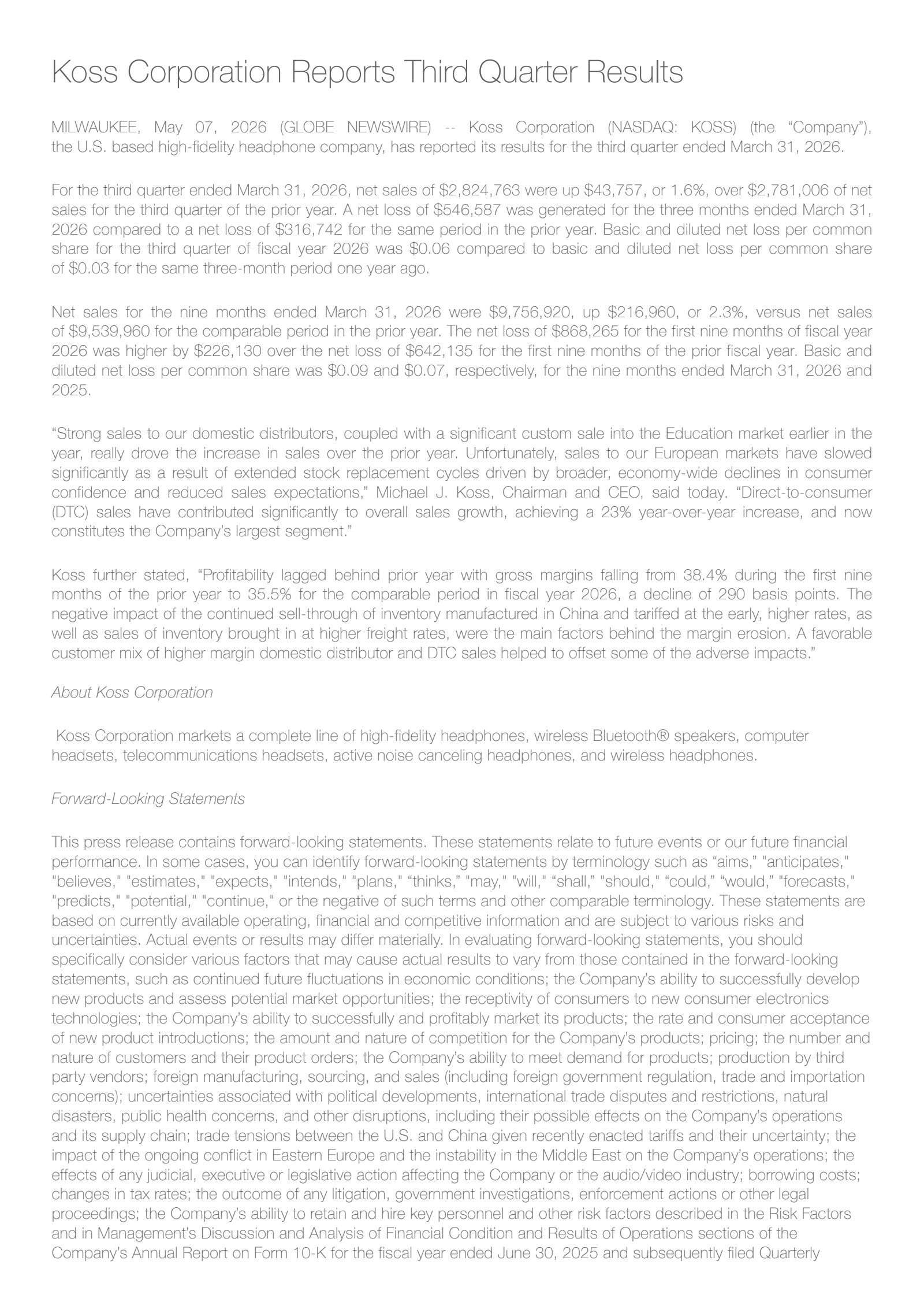 Koss' Q3 2026 Press Release