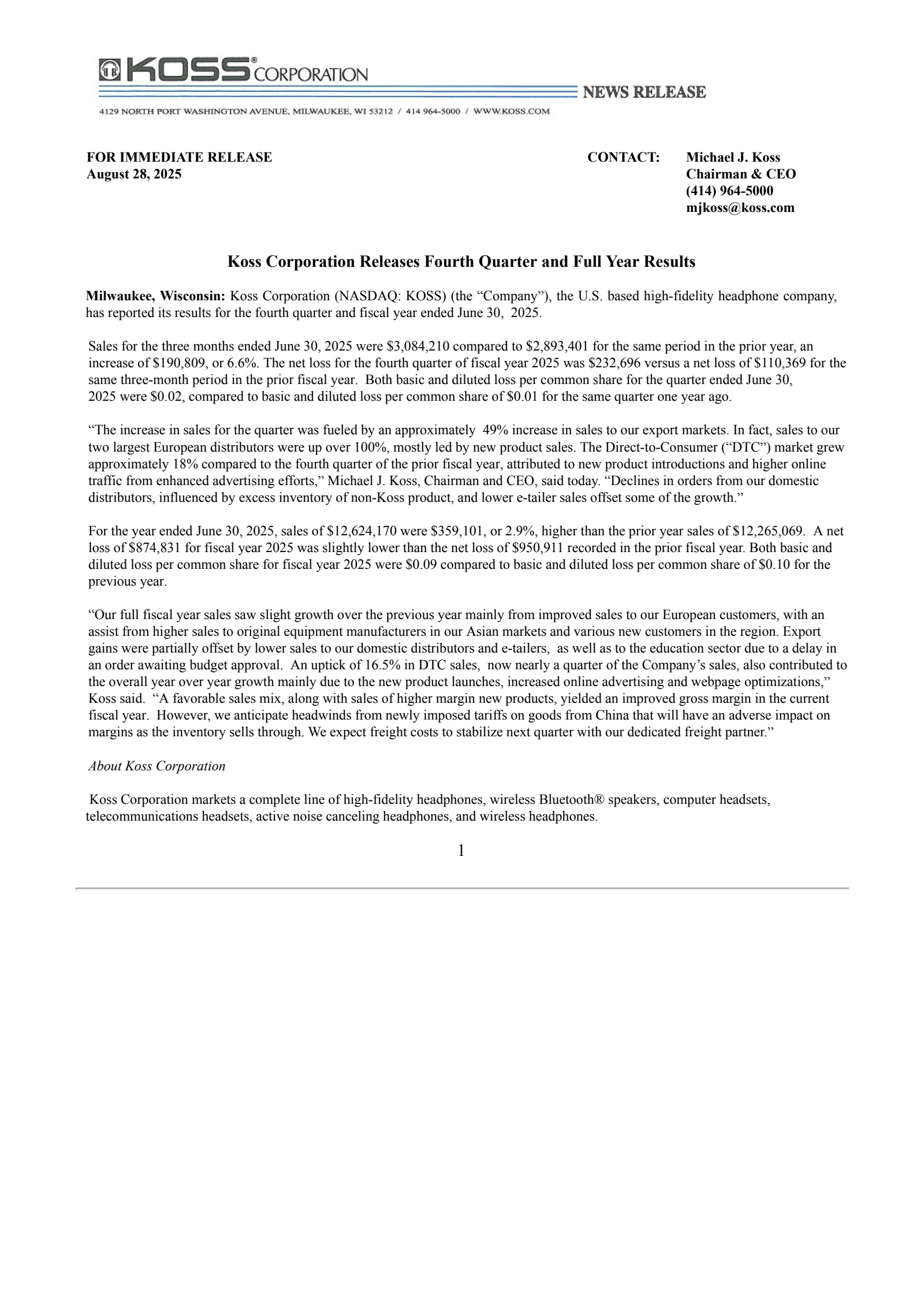Koss' Q4 2025 Press Release