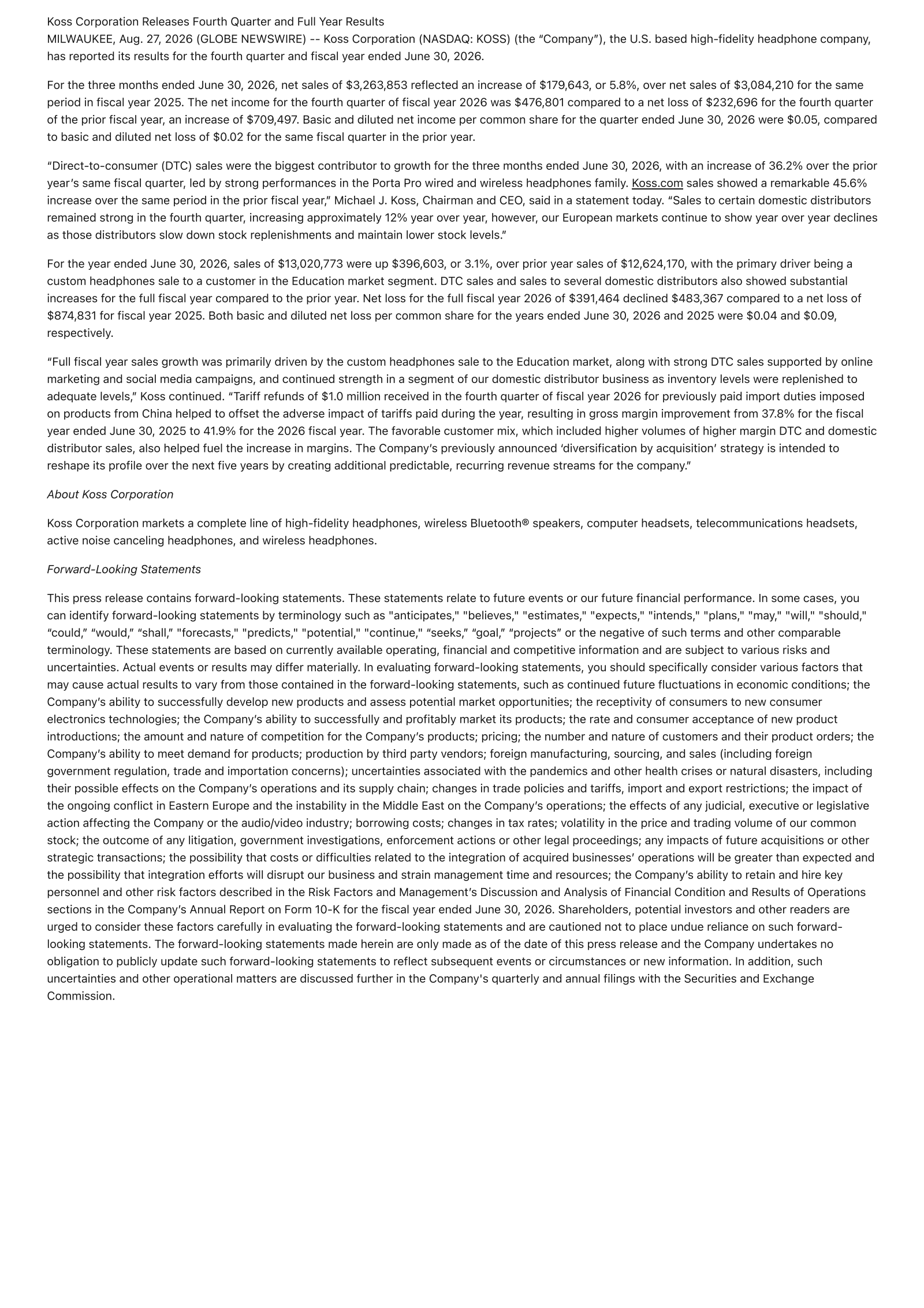 Koss' Q4 2026 Press Release