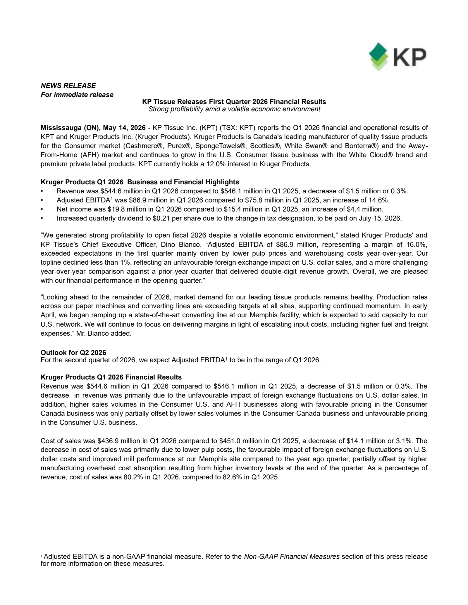 KP Tissue's Q1 2026 Press Release