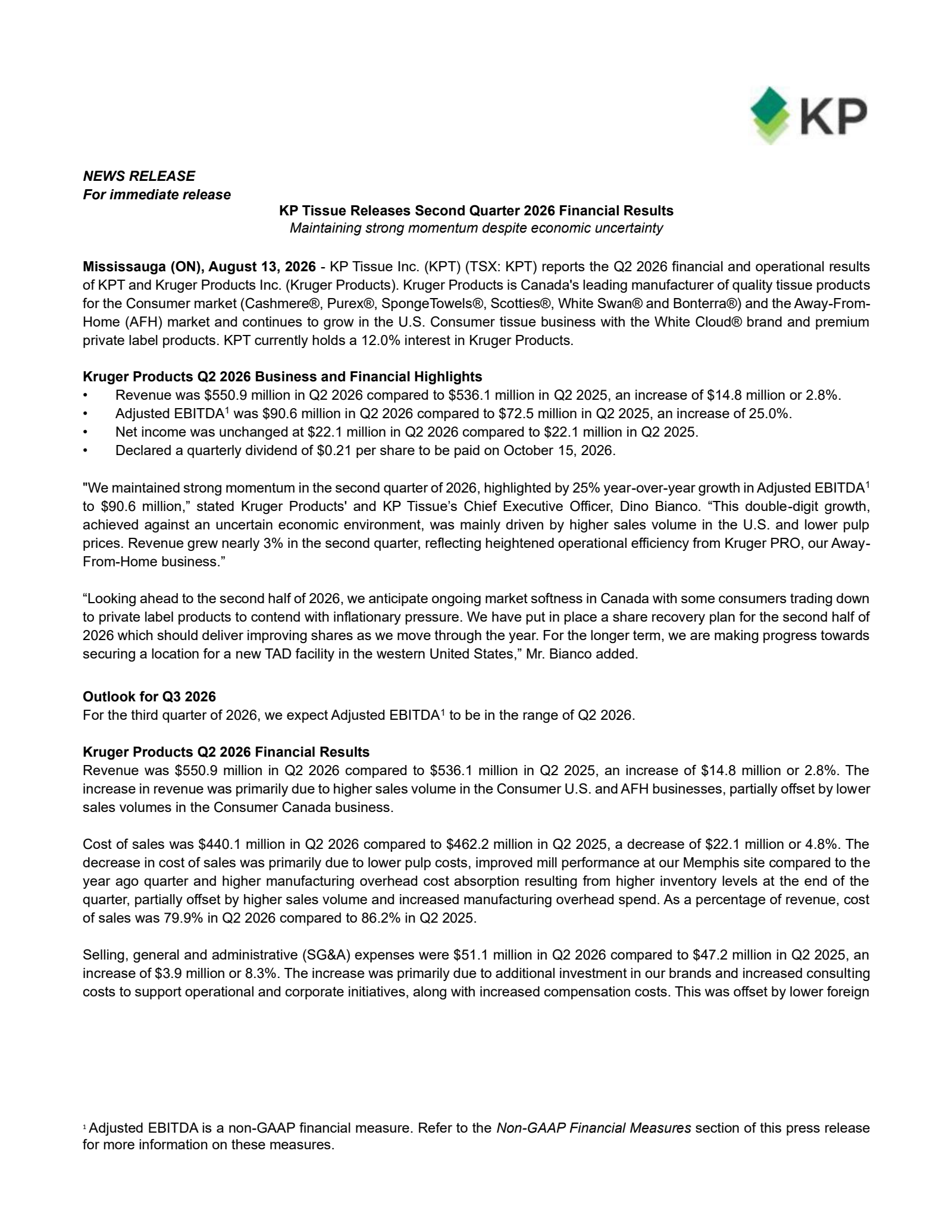 KP Tissue's Q2 2026 Press Release