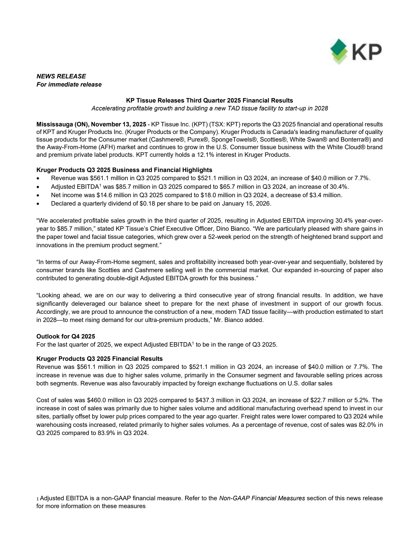 KP Tissue's Q3 2025 Earnings Release