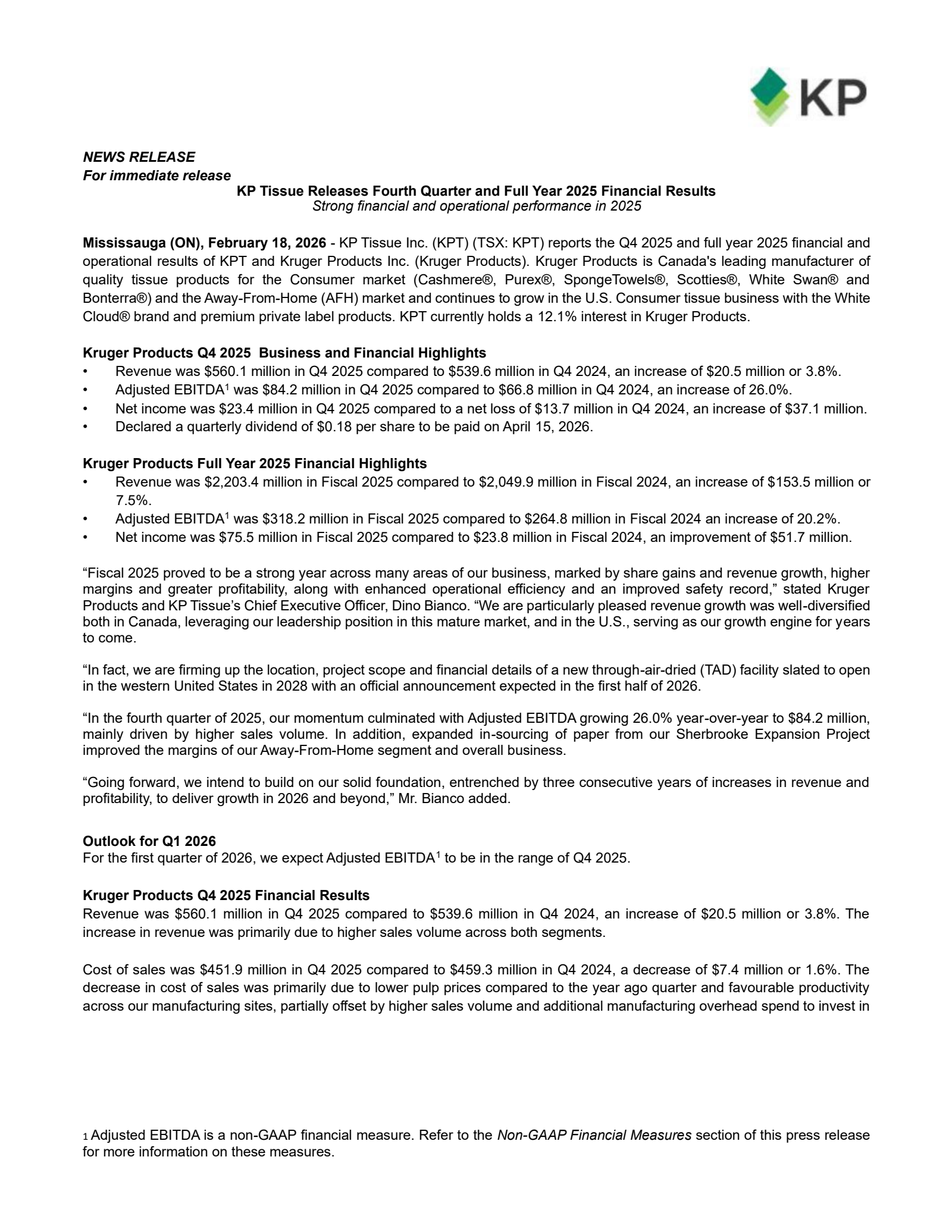 KP Tissue's Q4 2025 Press Release