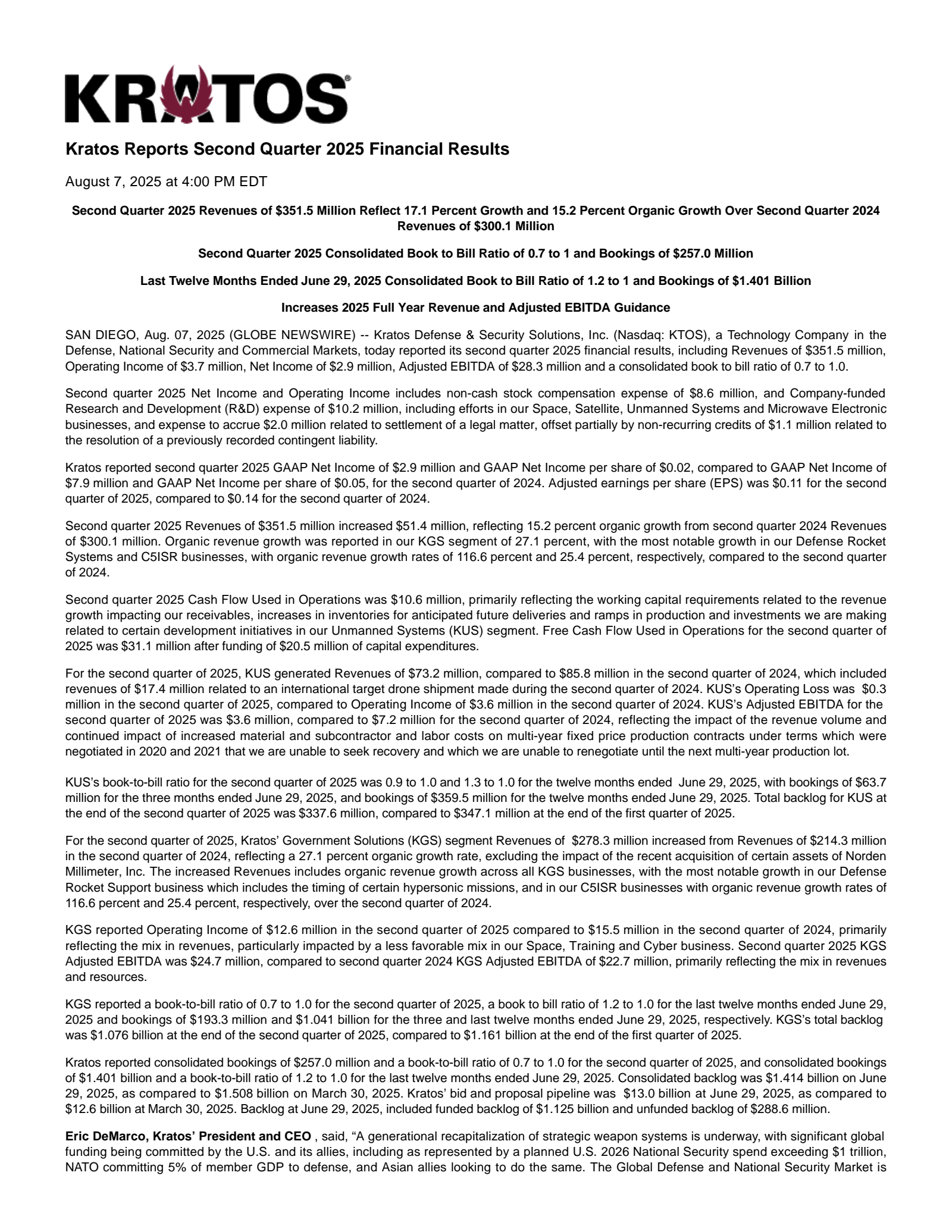 Kratos Defense & Security Solutions' Q2 2025 Press Release