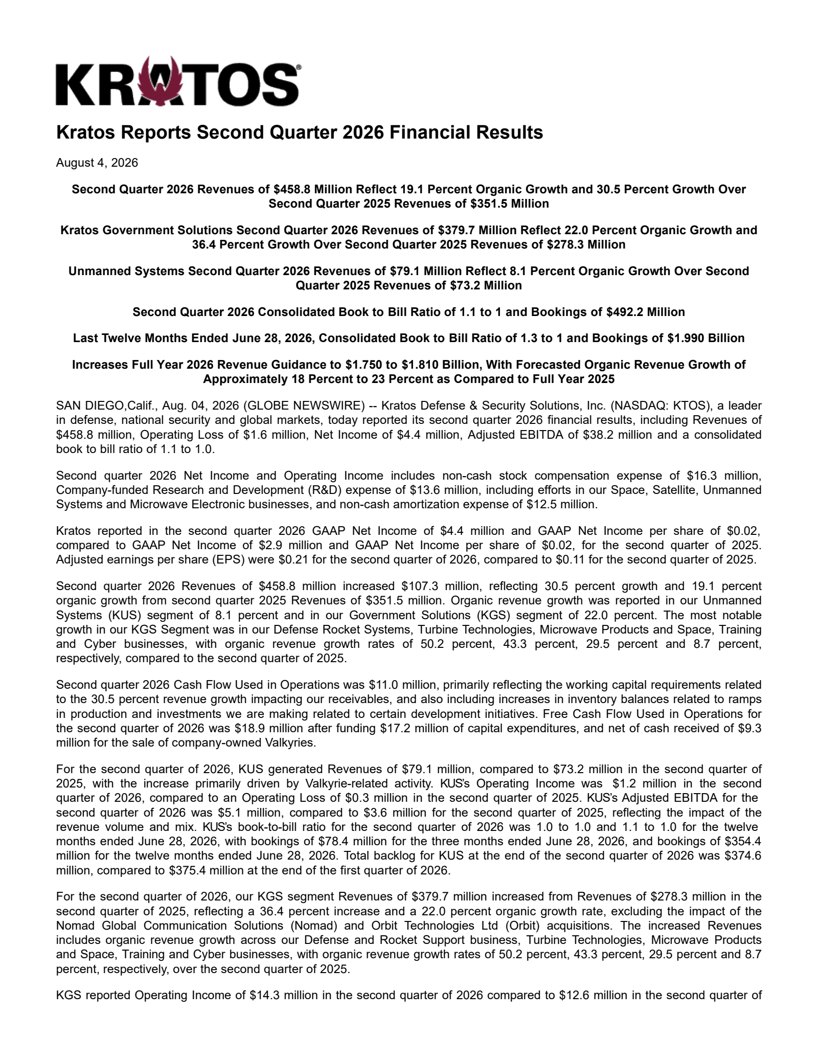 Kratos Defense & Security Solutions' Q2 2026 Press Release