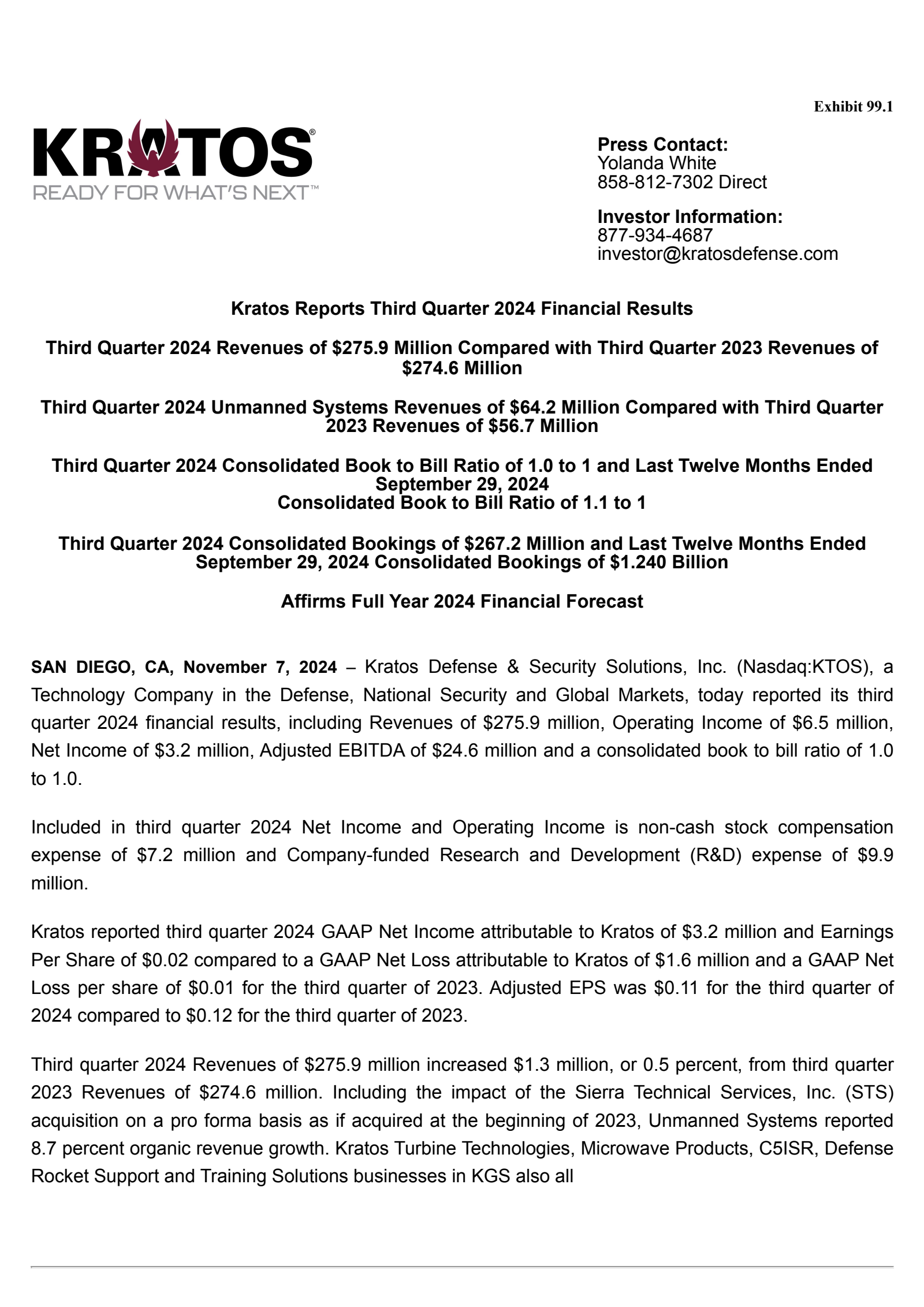 Kratos Defense & Security Solutions' Q3 2024 Press Release