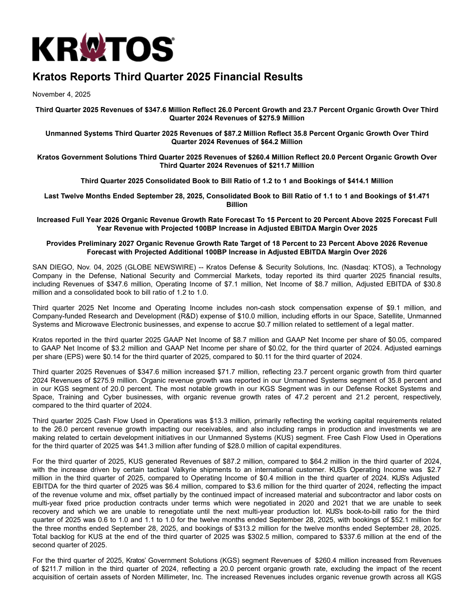 Kratos Defense & Security Solutions' Q3 2025 Earnings Release