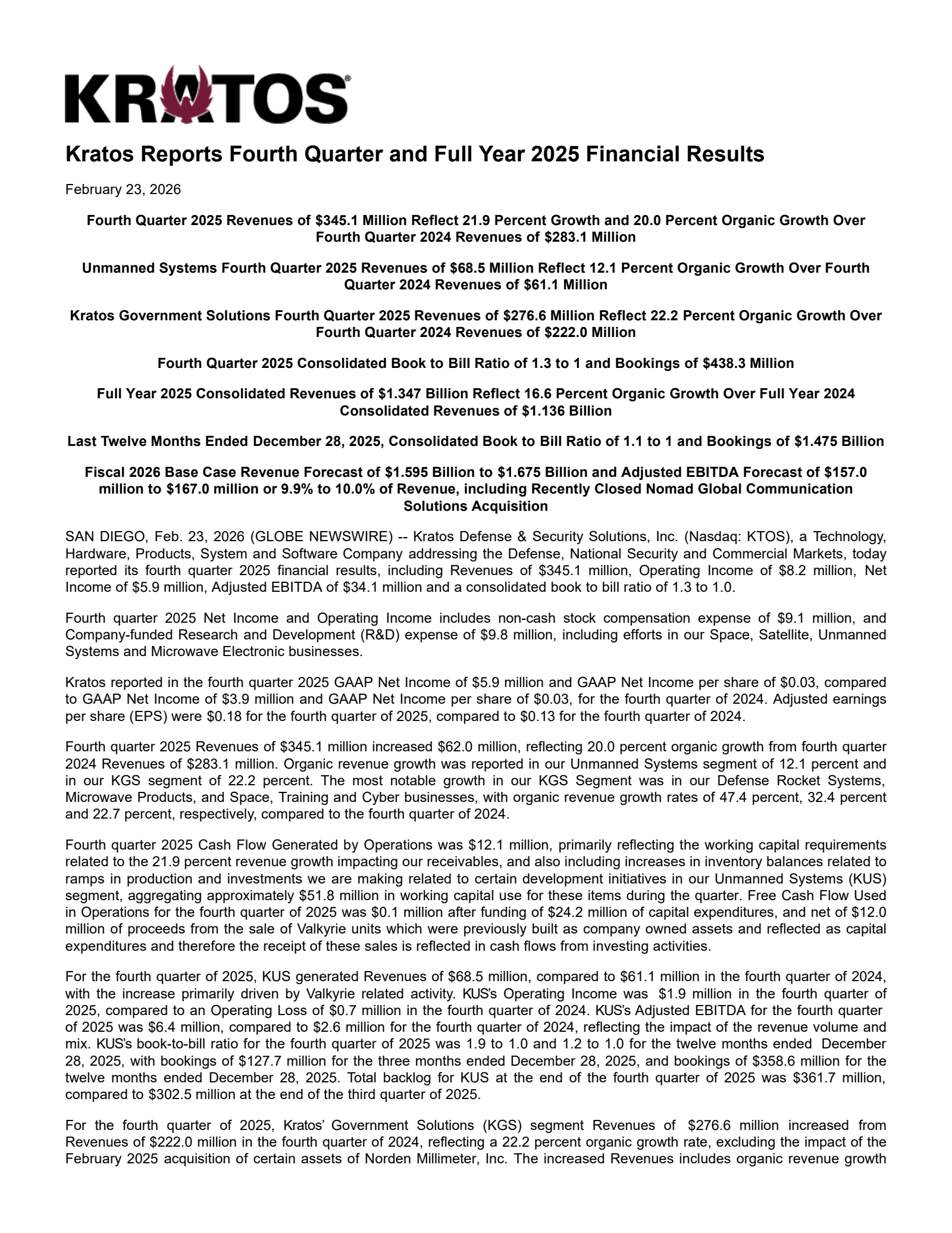 Kratos Defense & Security Solutions' Q4 2025 Press Release
