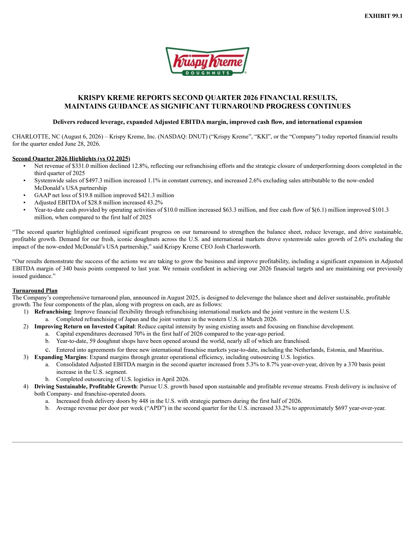 Krispy Kreme's Q2 2026 Press Release