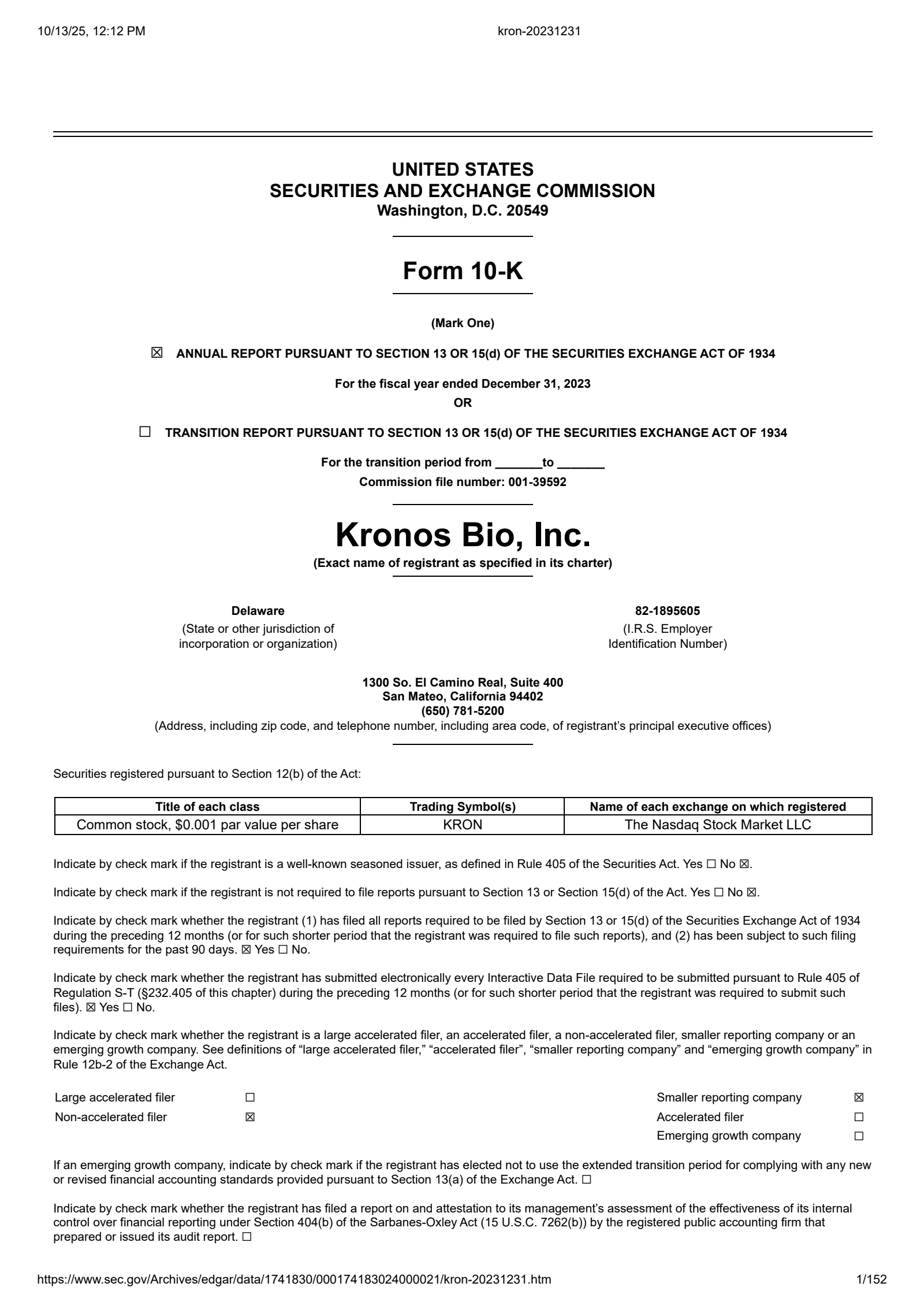 Kronos Bio's Q4 2023 Annual Report