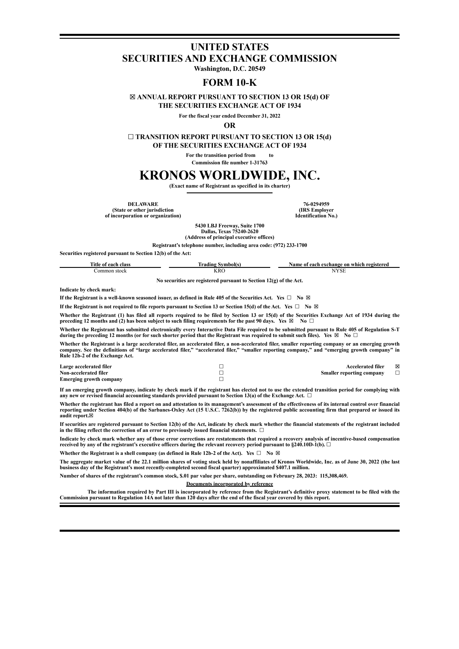 Kronos Worldwide's Q4 2022 Annual report