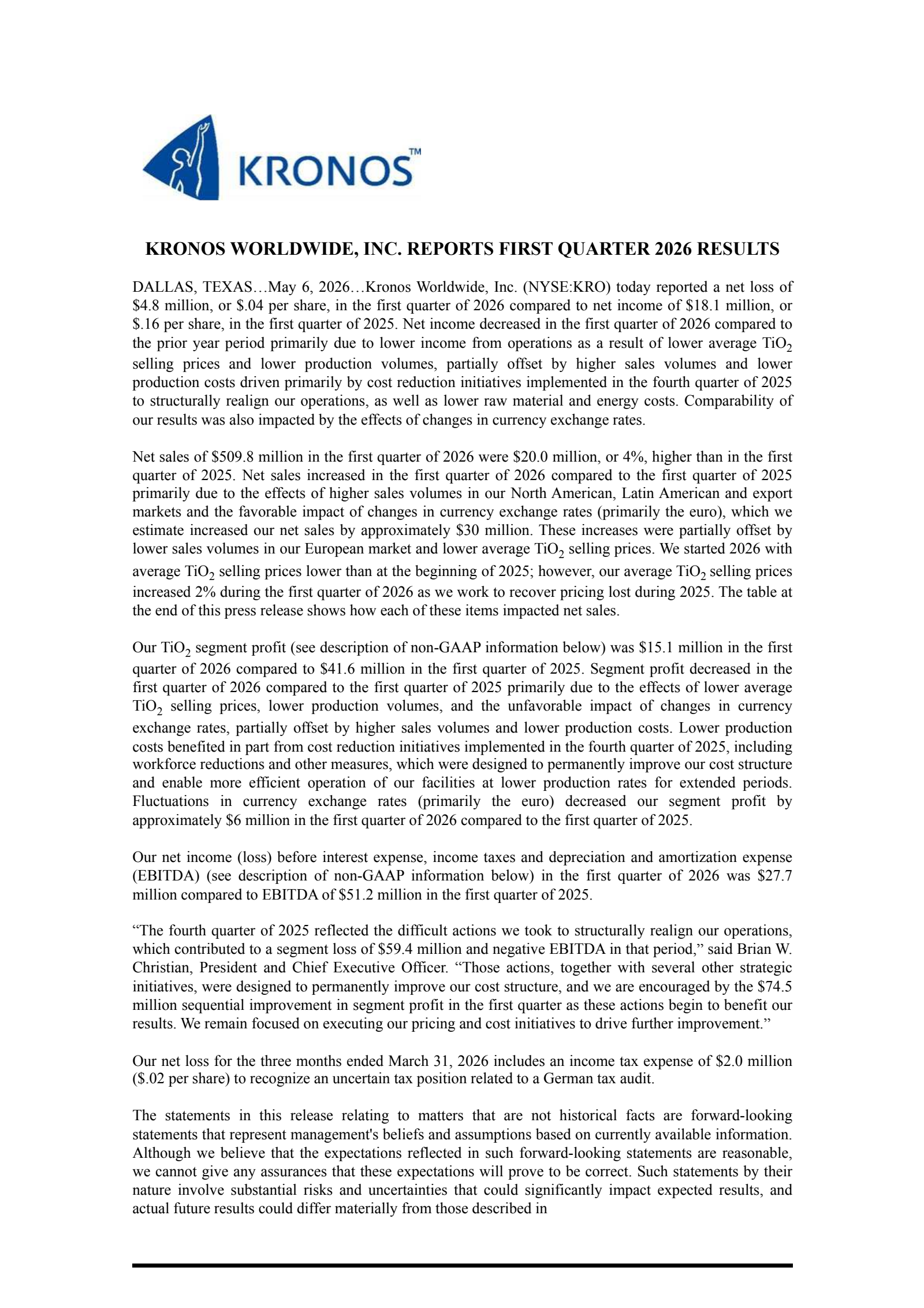 Kronos Worldwide's Q1 2026 Press Release