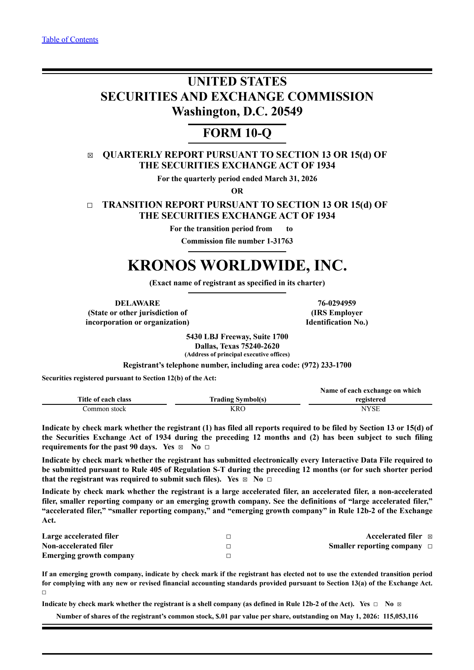 Kronos Worldwide's Q1 2026 Quarterly report