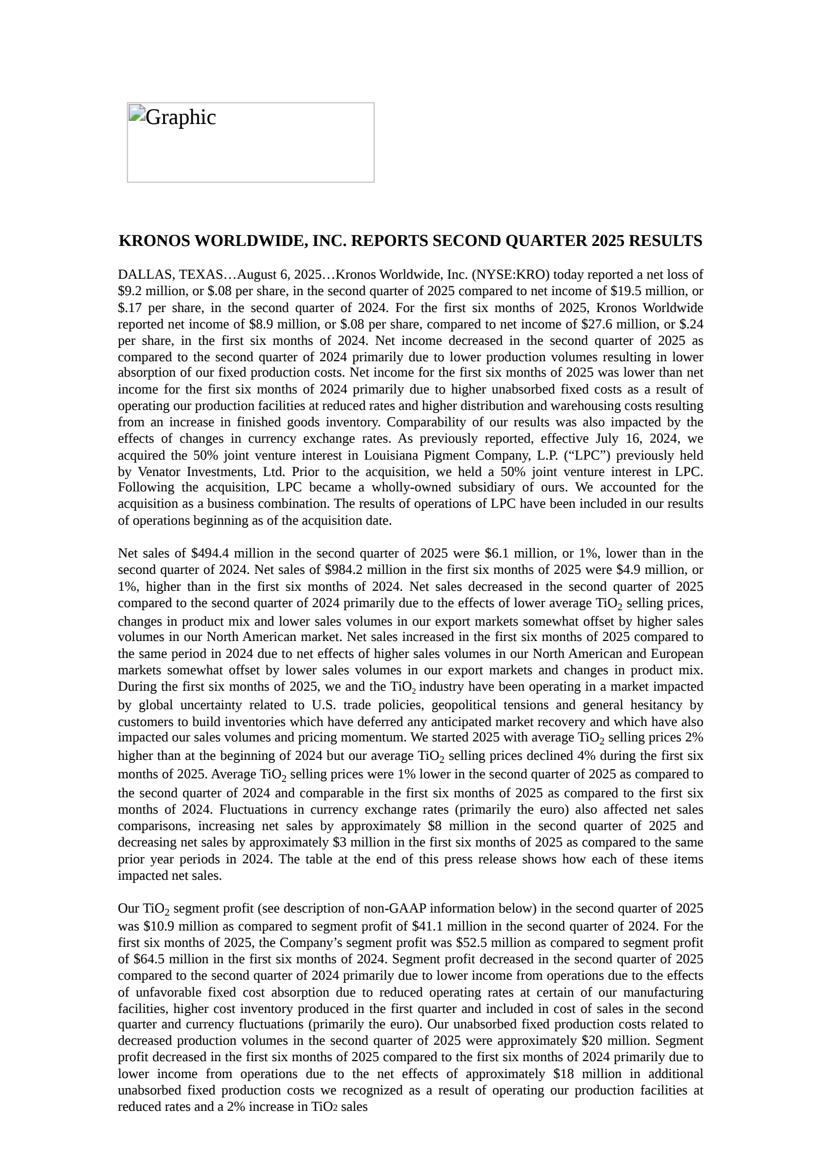 Kronos Worldwide's Q2 2025 Press Release