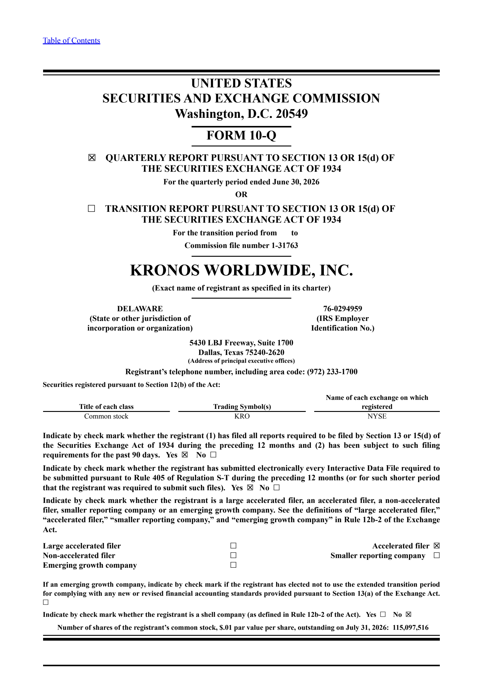 Kronos Worldwide's Q2 2026 Quarterly report