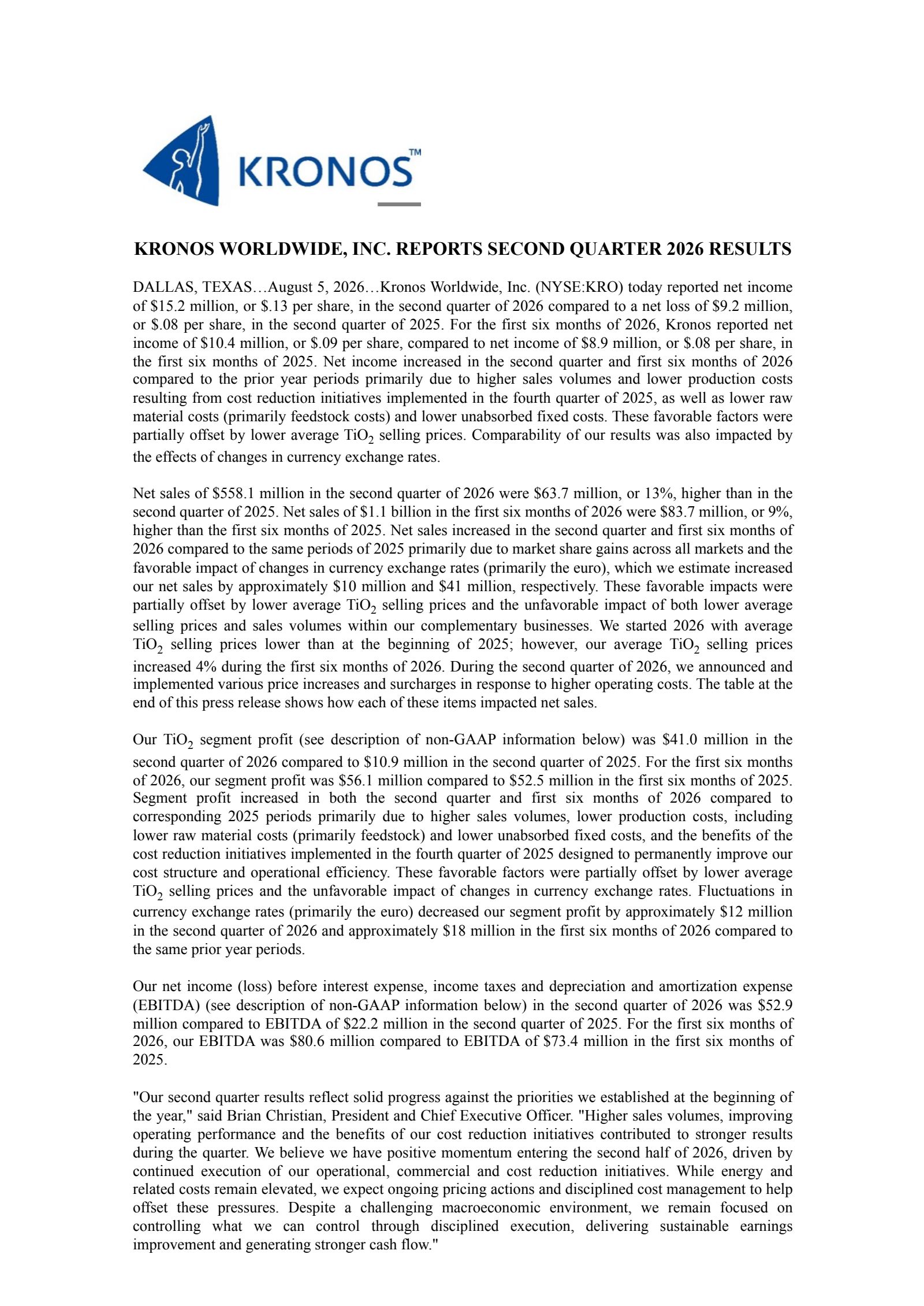 Kronos Worldwide's Q2 2026 Press Release