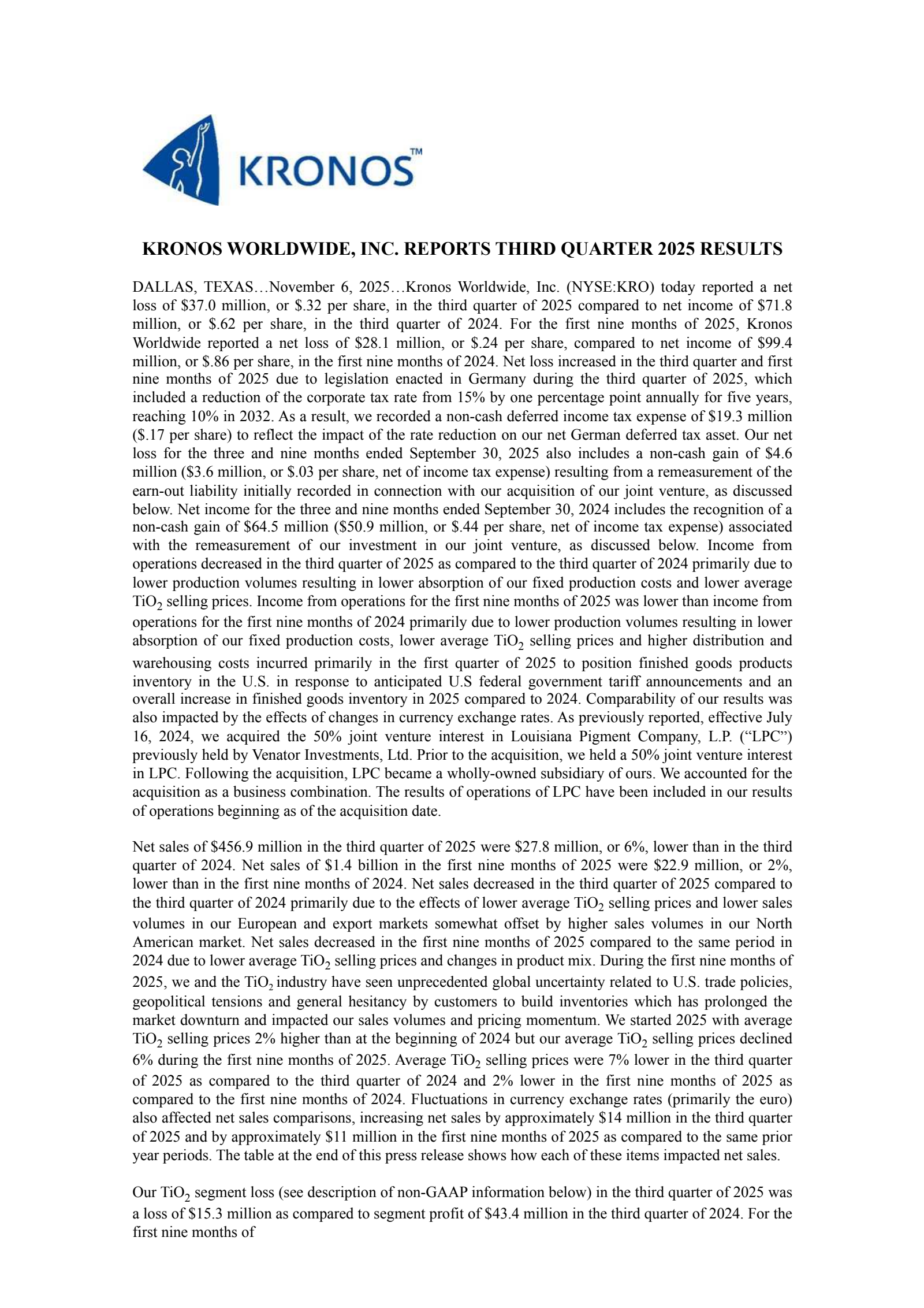 Kronos Worldwide's Q3 2025 Earnings Release