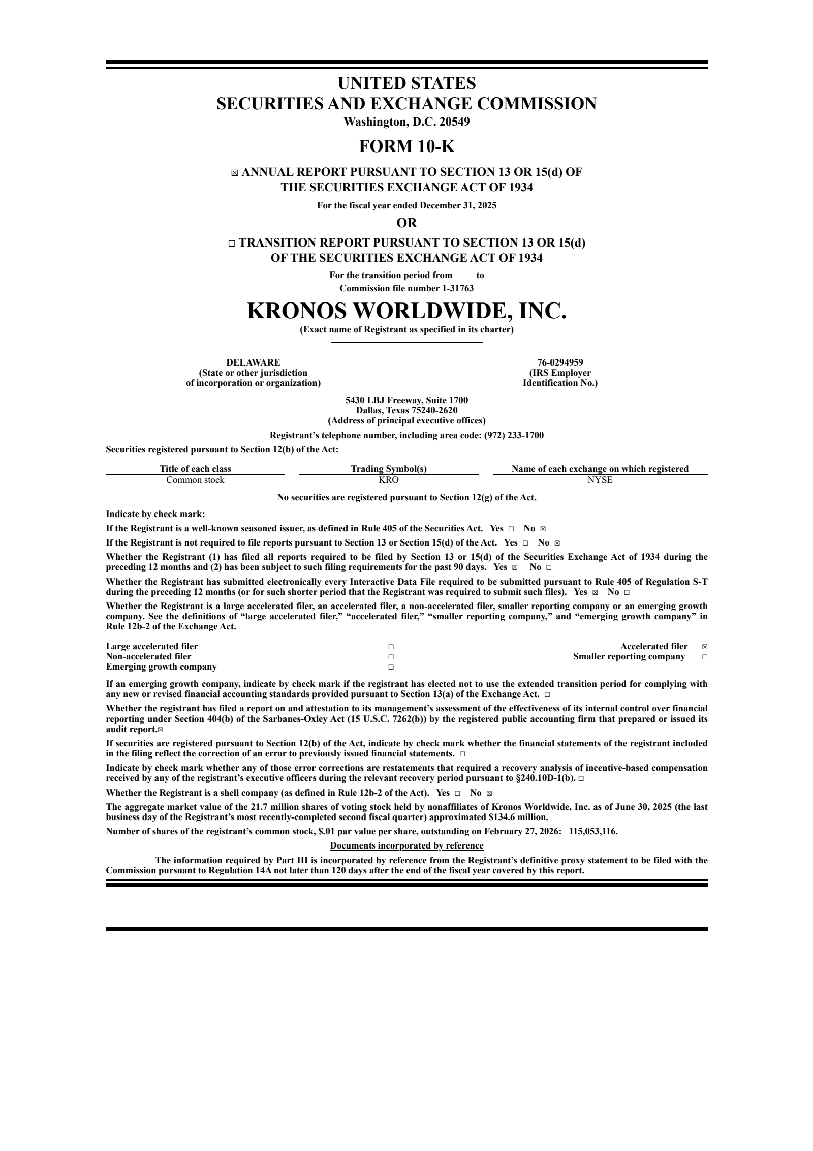 Kronos Worldwide's Q4 2025 Annual report