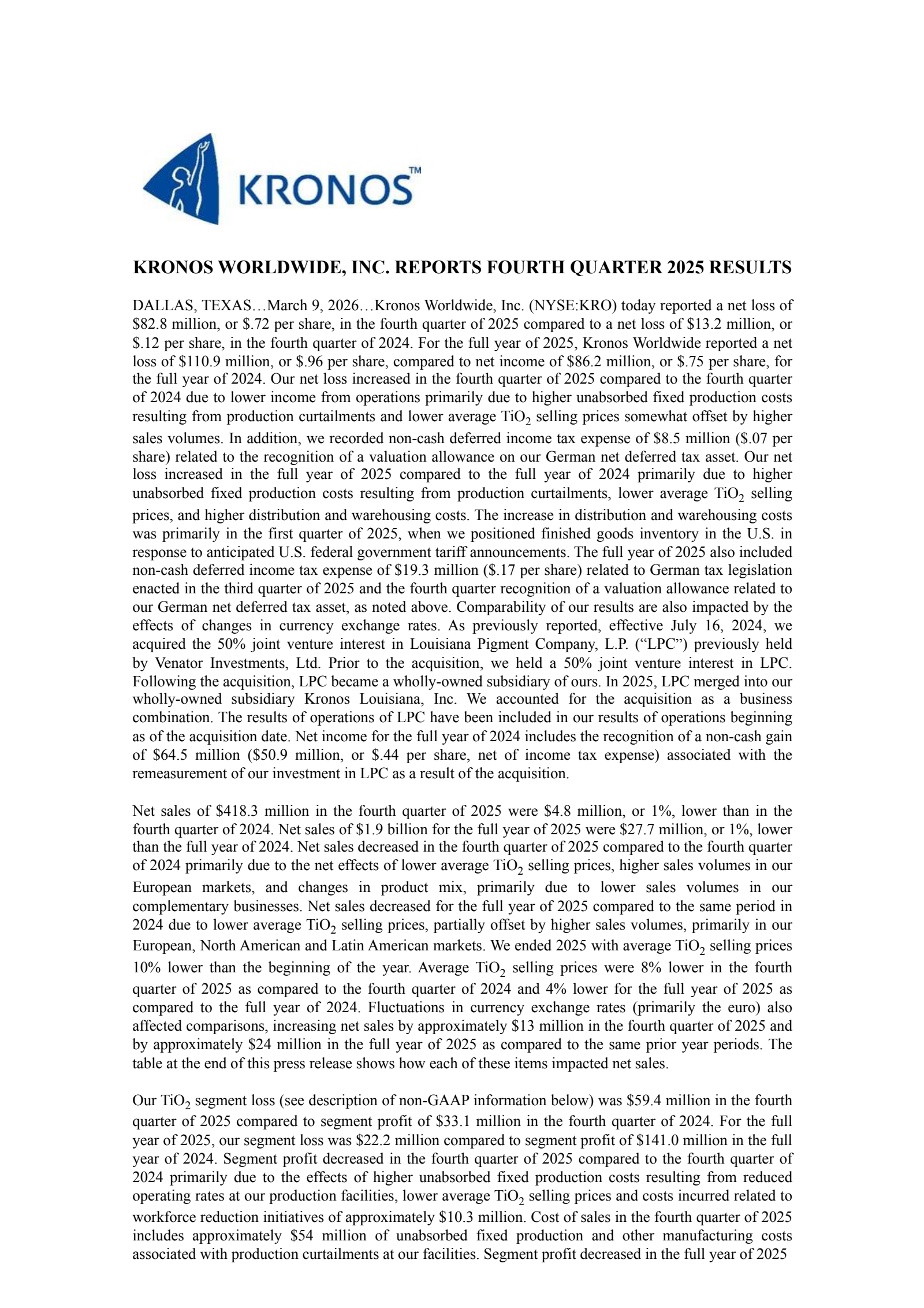 Kronos Worldwide's Q4 2025 Press Release