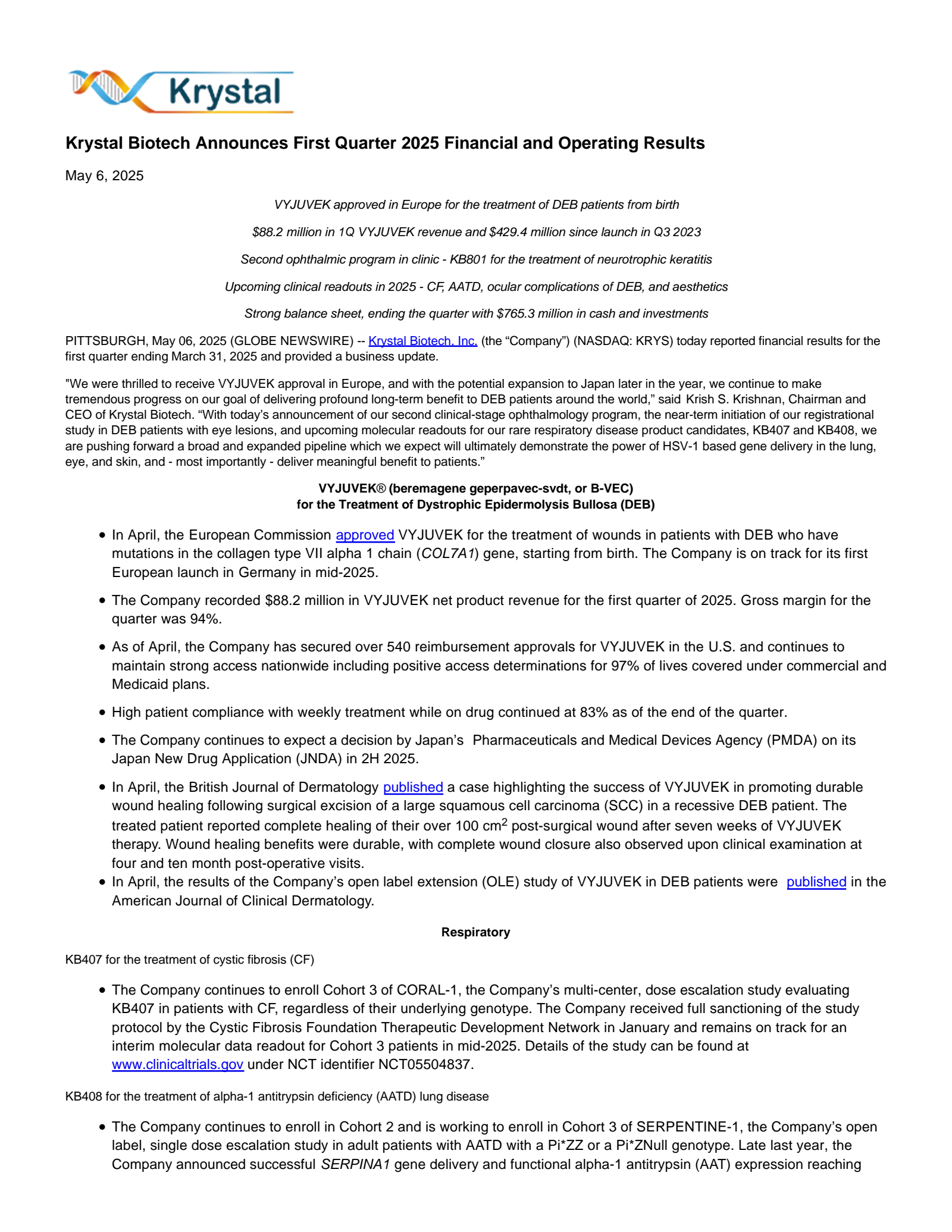 Krystal Biotech's Q1 2025 Press Release