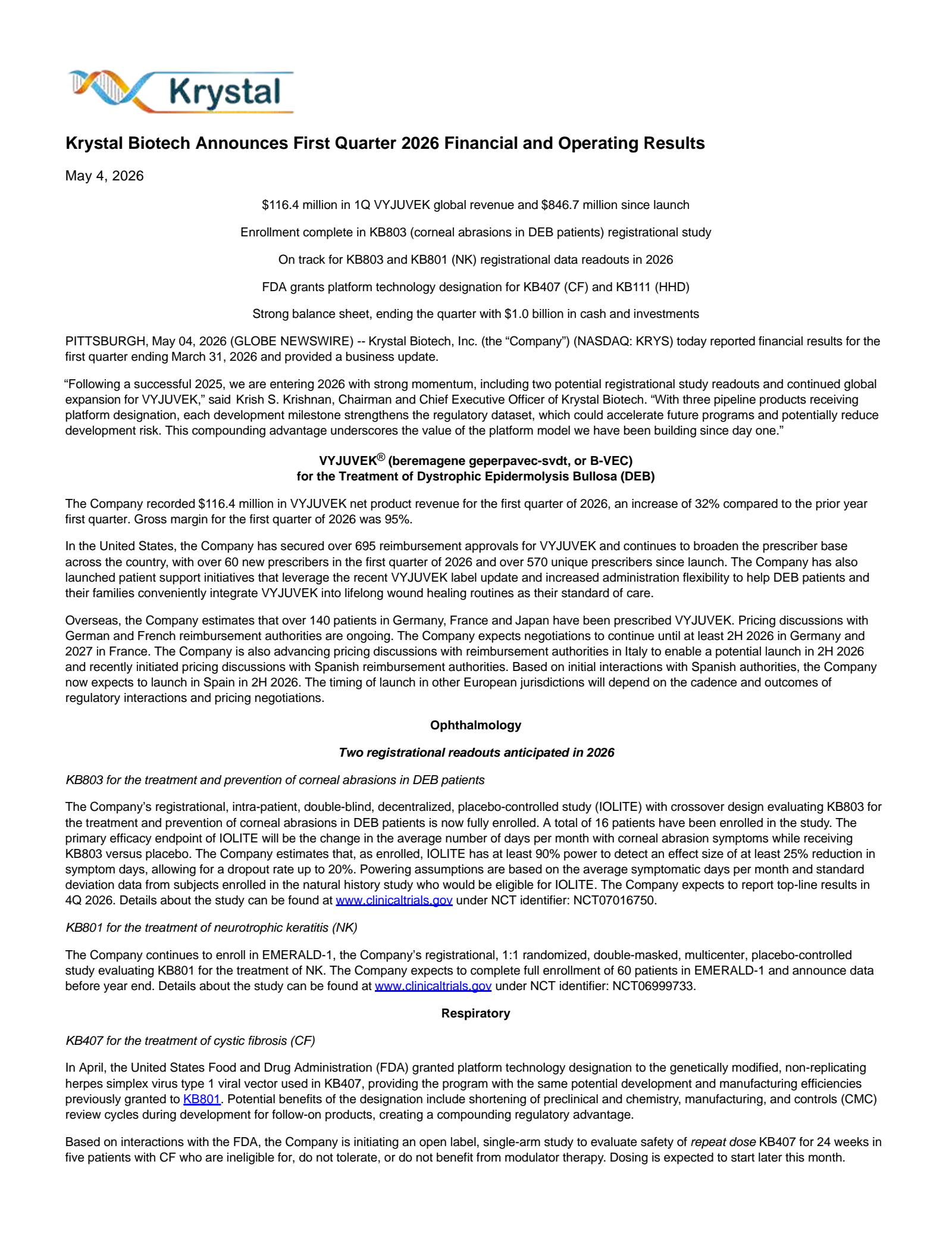 Krystal Biotech's Q1 2026 Press Release